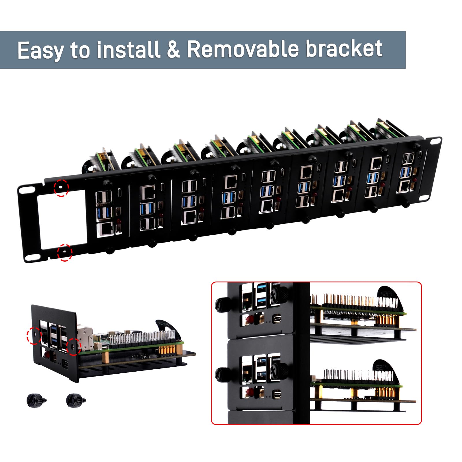 GeeekPi 19 Zoll 2U Rack-Halterung für Raspberry Pi 5, mit 10pcs PCIe auf M.2 NVMe SSD Adaptern, hält bis zu 10 Raspberry Pi 5 Boards, kompatibel mit 19 Zoll Server Rack
