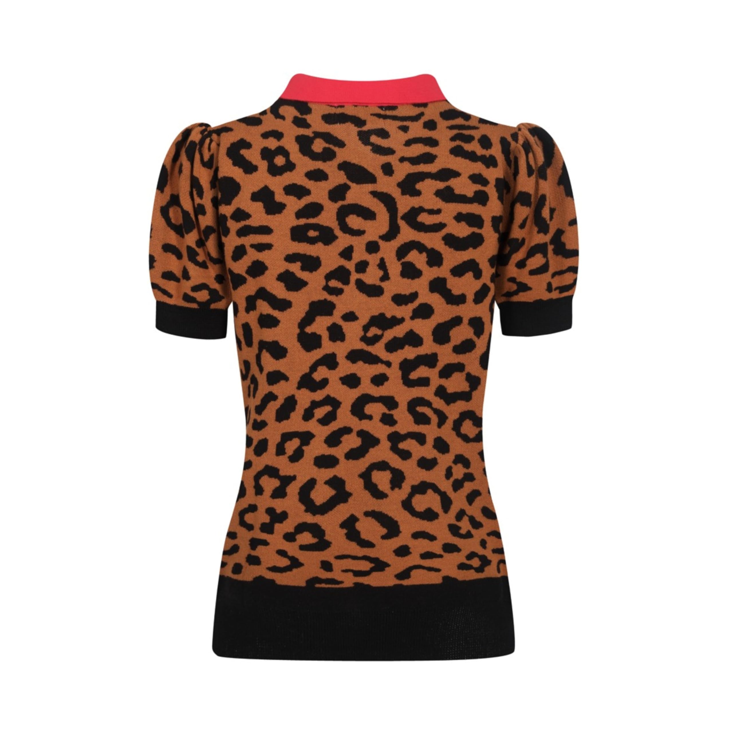 OXKNIT Damen Poloshirt Kurzarm Braun Vintage Polohemd aus Jacquard-Strick mit Leopardmuster