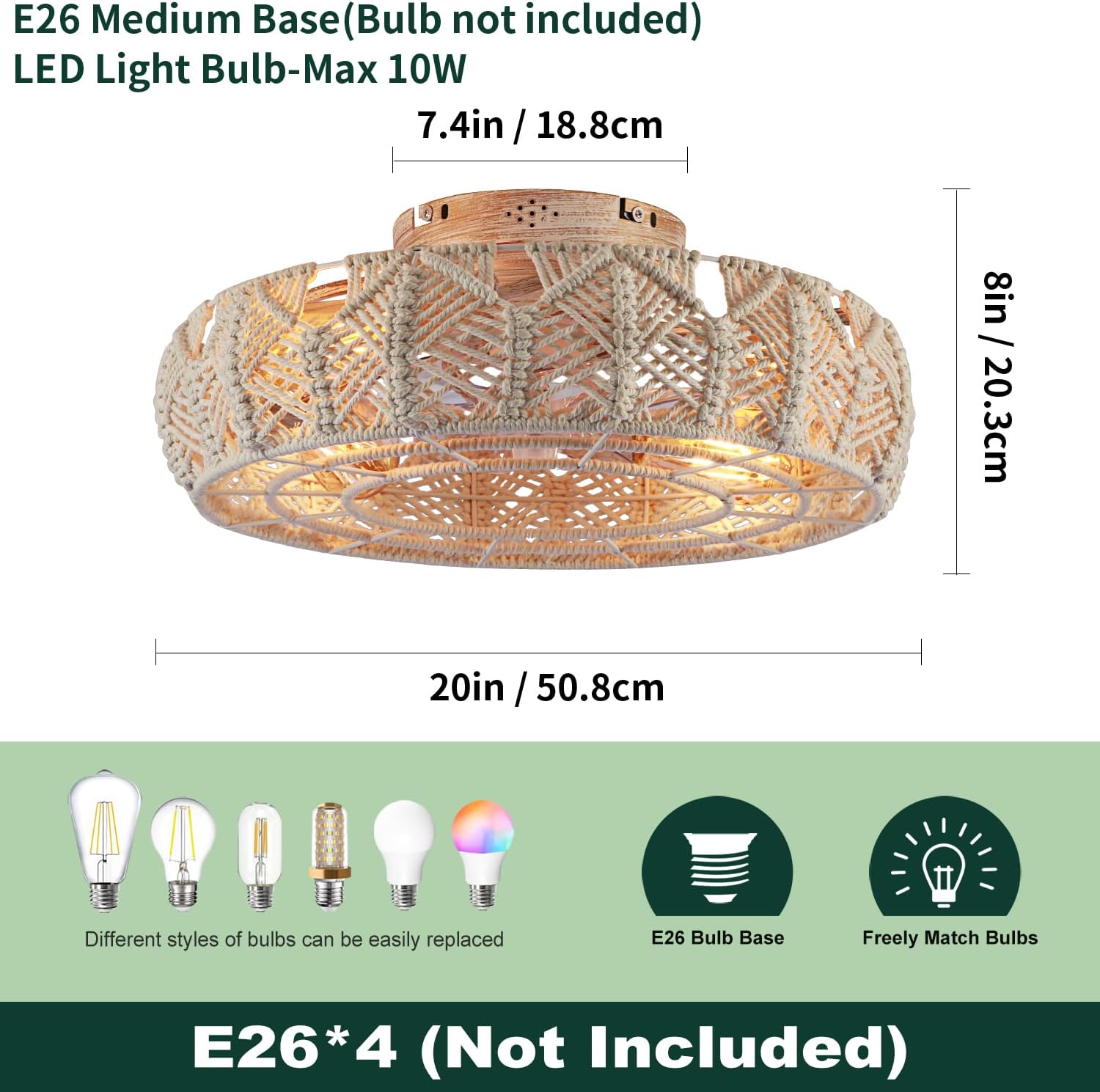 Boho Caged Ceiling Fans with Lights and Remote 20" Flush Mount 6-Speed Reversible Enclosed Low Profile Handmade Cotton Rope Bladeless Ceiling Fan with Light,for Bedroom, Living Room, Kitchen