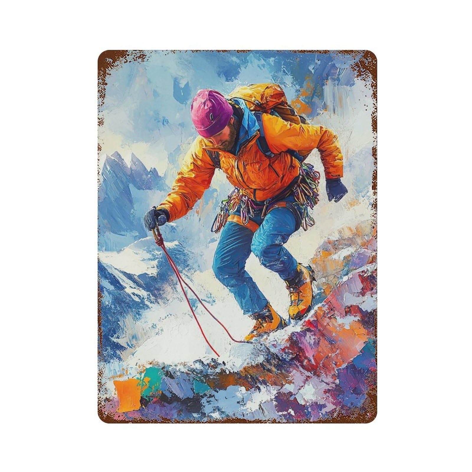Climber on Mountain Peak Aged Metal Wall Plaque 15.7"x11.8", Decorative Metal Wall Art for Garage, Pub Or Kitchen
