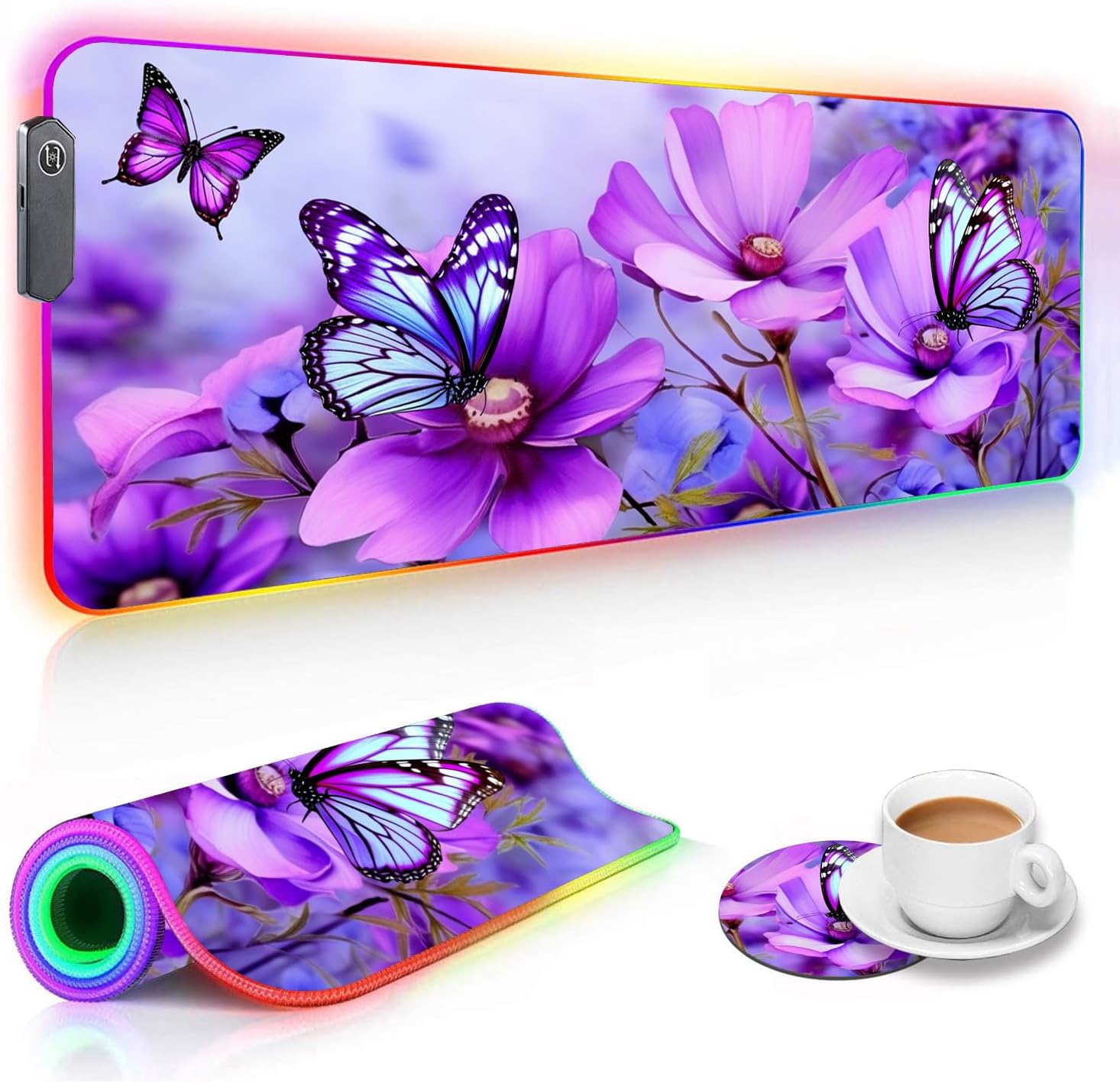 RGB Gaming Mouse Pad and Coffee Coaster, XXL Large Glowing LED Mousepad, Anti-Slip Rubber Base, Computer Keyboard Desk Mouse Mat 31.5 X 11.8 Inch - Purple Flowers and Butterfly