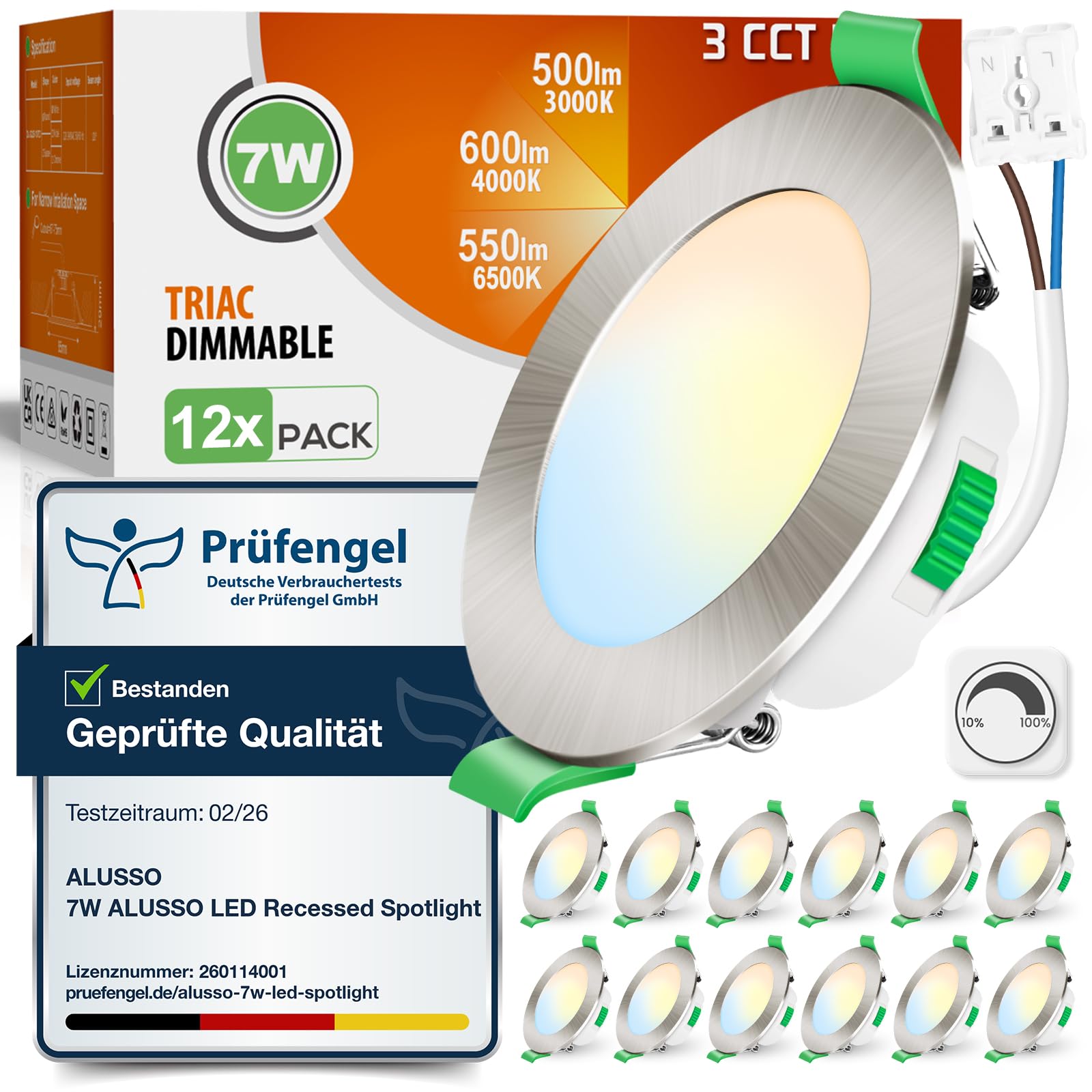 ALUSSO LED Einbaustrahler 230V Dimmbar 68mm 7W Ultra Flach IP44 LED Spots Warmweiß Neutralweiß Kaltweiß Einbauleuchten für Badezimmer Küche Wohnzimmer, Nickel Gebürstetes, 12er Set