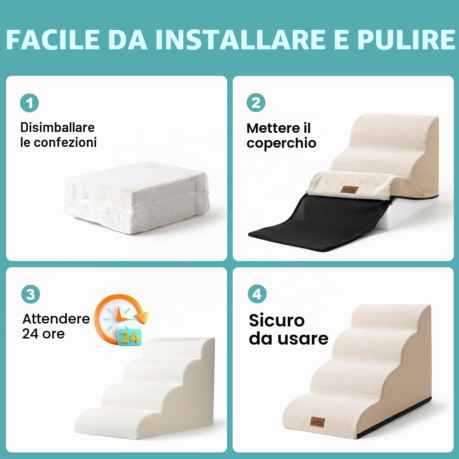 COZY KISS Scale per Cani di Piccola, Scale per Animali per Letto, Divano e Sedia, Rampa per Gatti con Rivestimento Lavabile e Fondo Antiscivolo, Leggera, 40x57x40cm, 3 Gradini, Beige