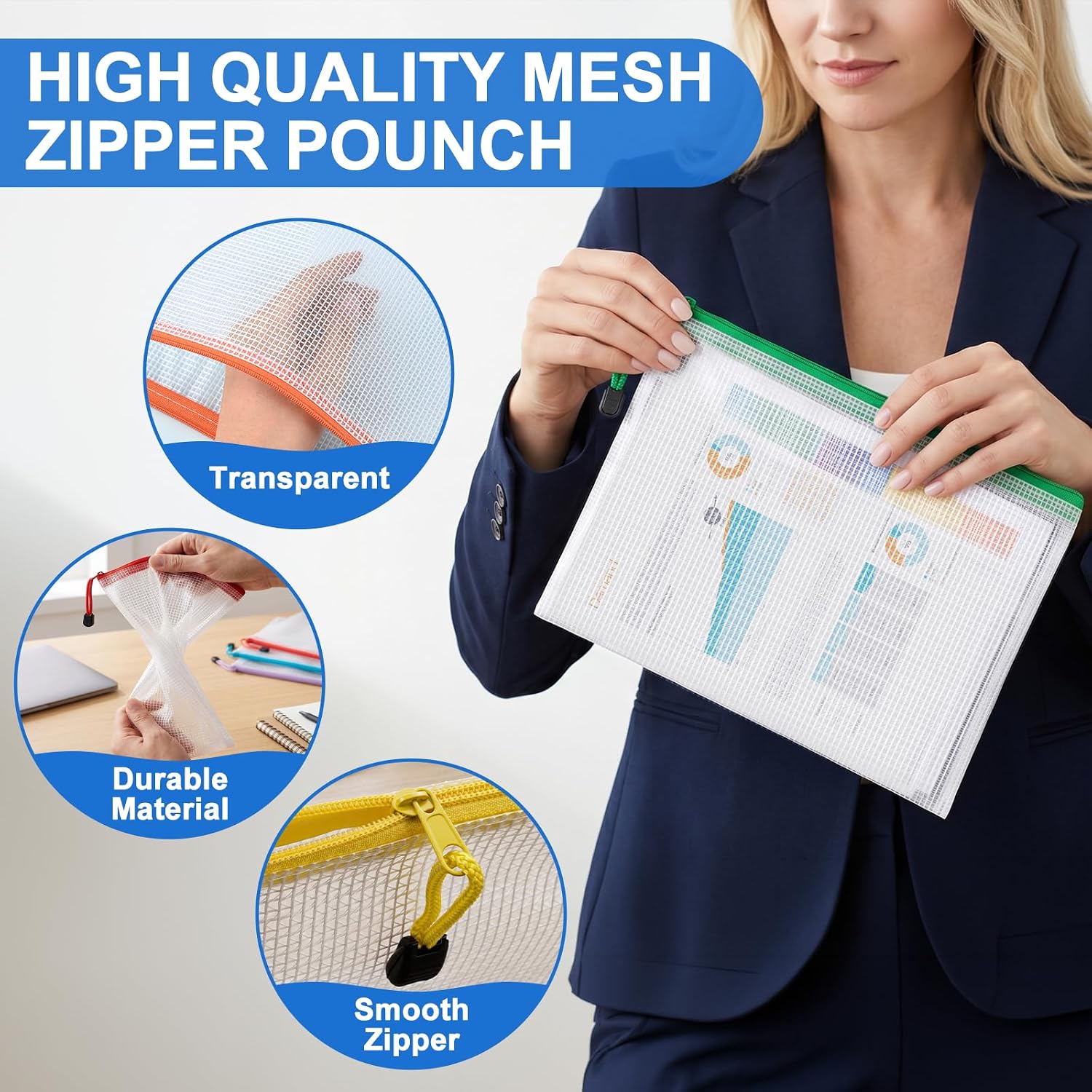 Jumlys 120 Pack Mesh Zipper Pouch Bags, A4 Mesh Bags with Zippers in 8 Color, Waterproof Zip File Folder Pouch for Organization Storage, Letter Size Zippers Bag for Classroom/Home/Office image 4