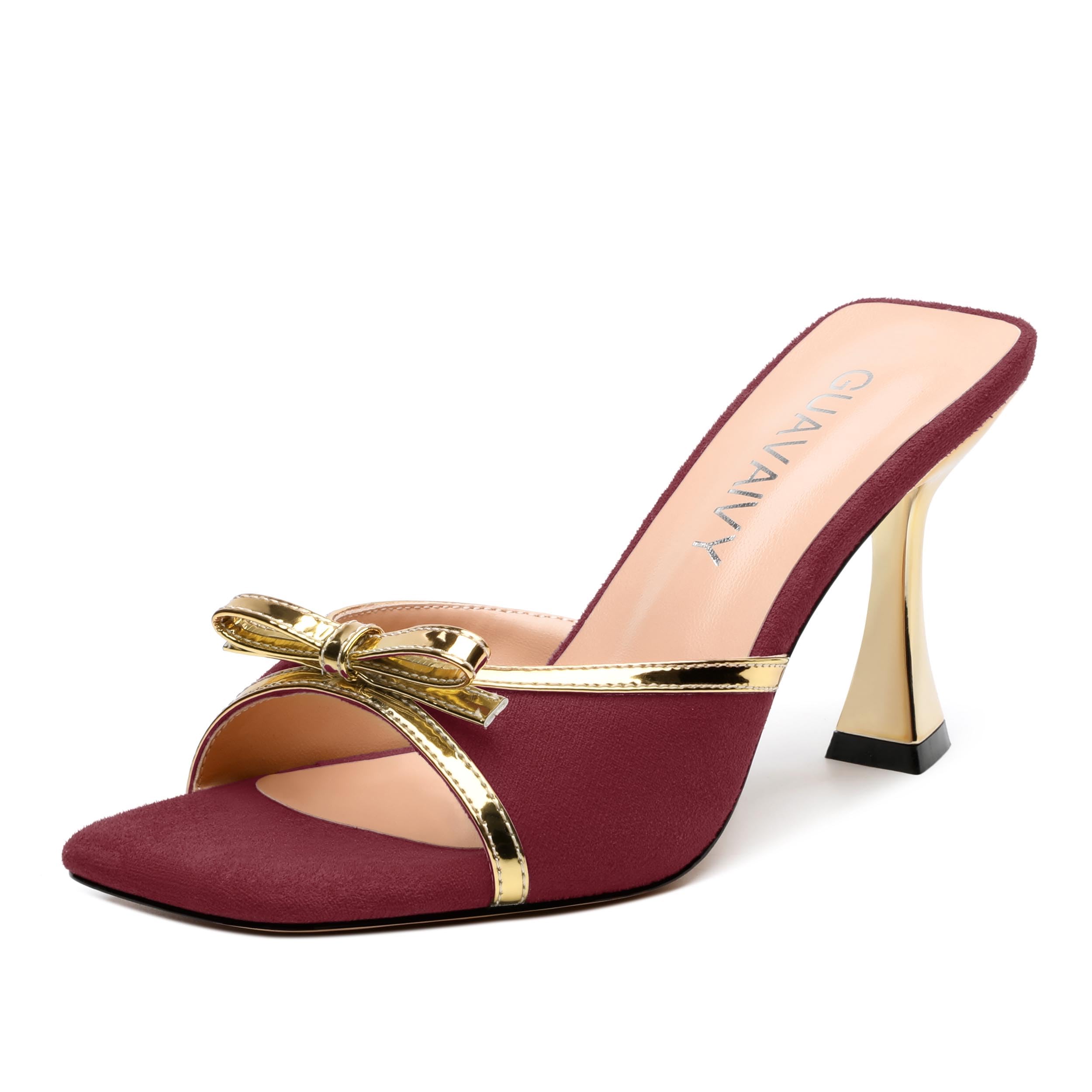 GUAVAIVY Square Toe Stilettos - Slip-On Heeled Sandals with Bow Accent, Dressy Work to Party Shoes for Women, Daily Occasion High Heels