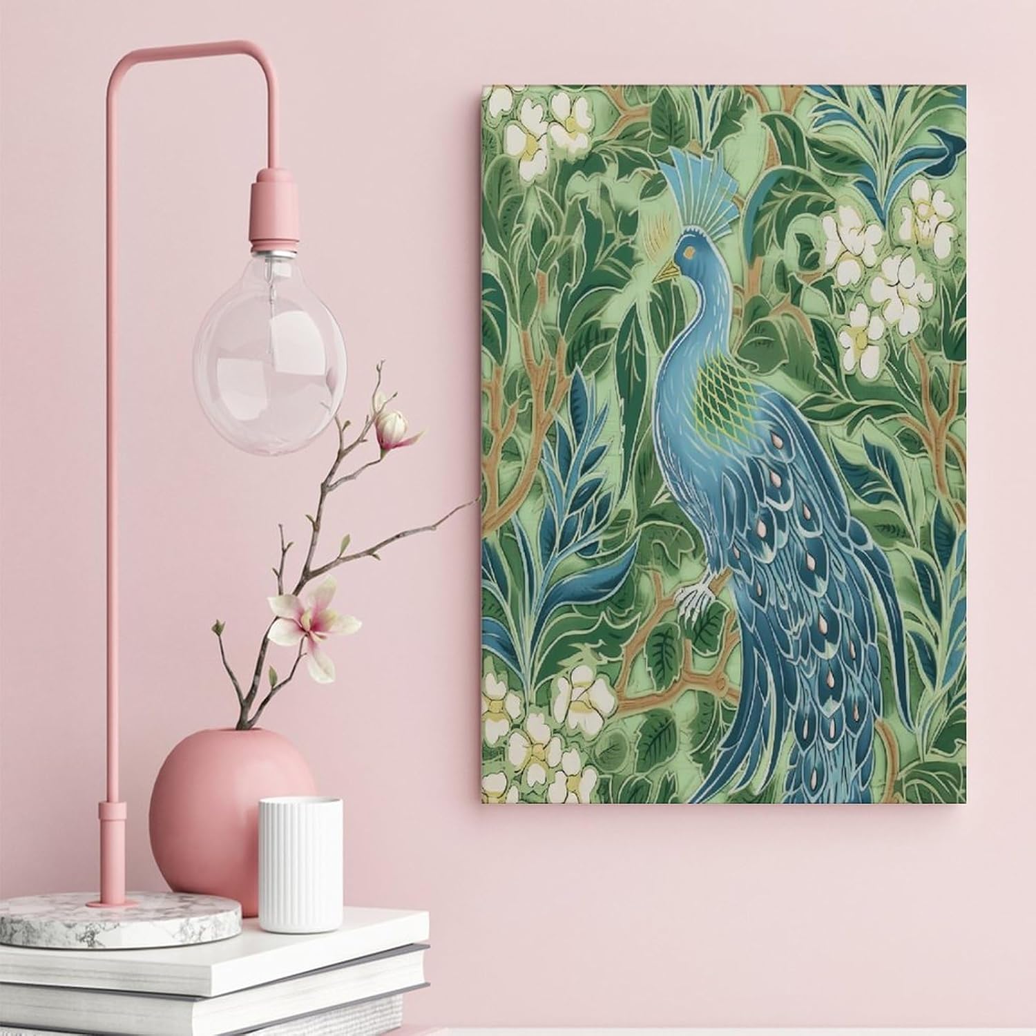 Aqua and Green Chinoiserie Peacock and Floral Canvas Wall Art 16x24in Printed Pictures Artwork Posters Paintings Decoration for Living Room Bedroom Office Coffee Club New Home Birthday Gifts