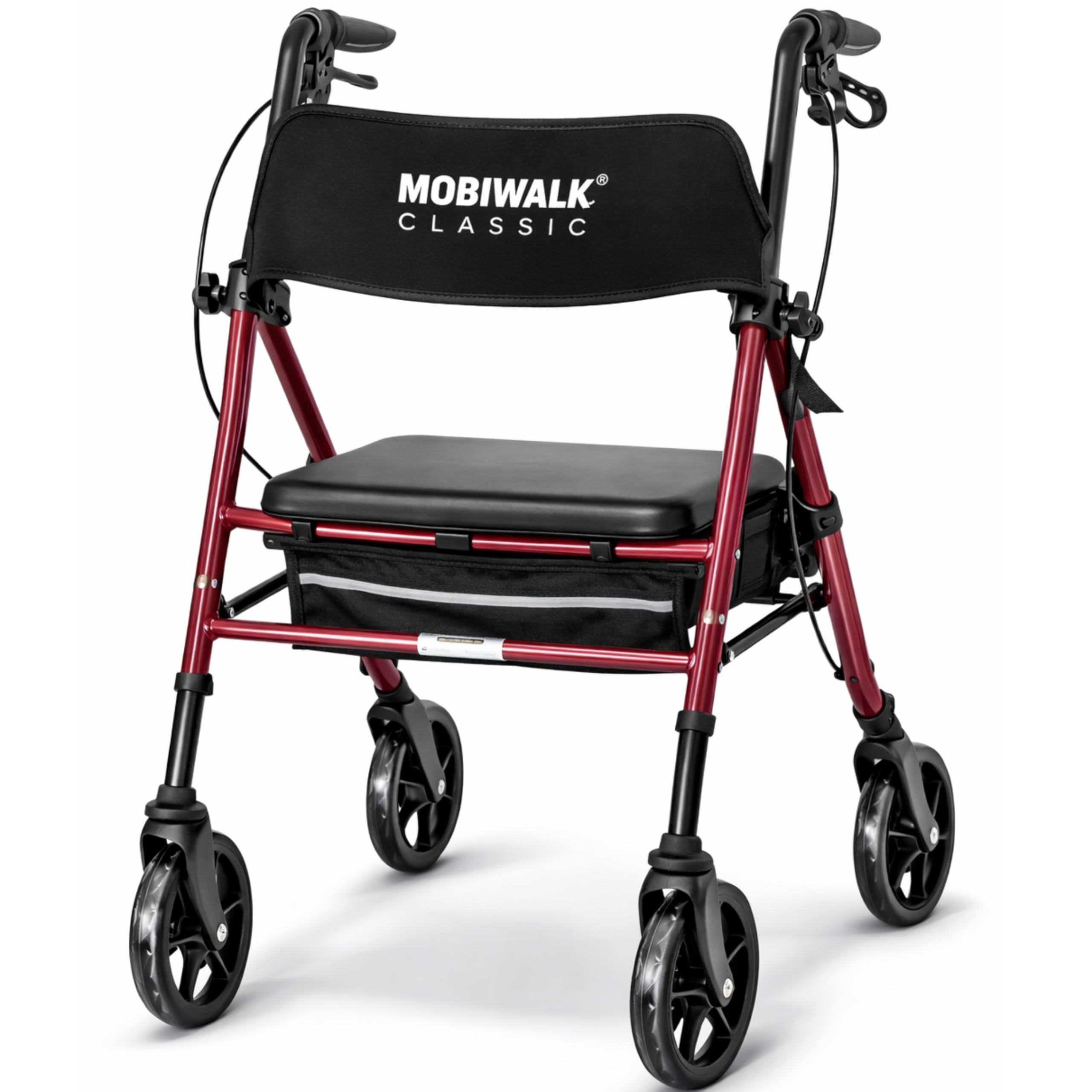 MobiWalk Classic 4 Wheel Rollator Foldable Walker with Seat & Backrest | Height Adjustable Handles & Legs | Brakes + Parking Brakes | Storage Bag | Cane & Bottle Holder (Red)