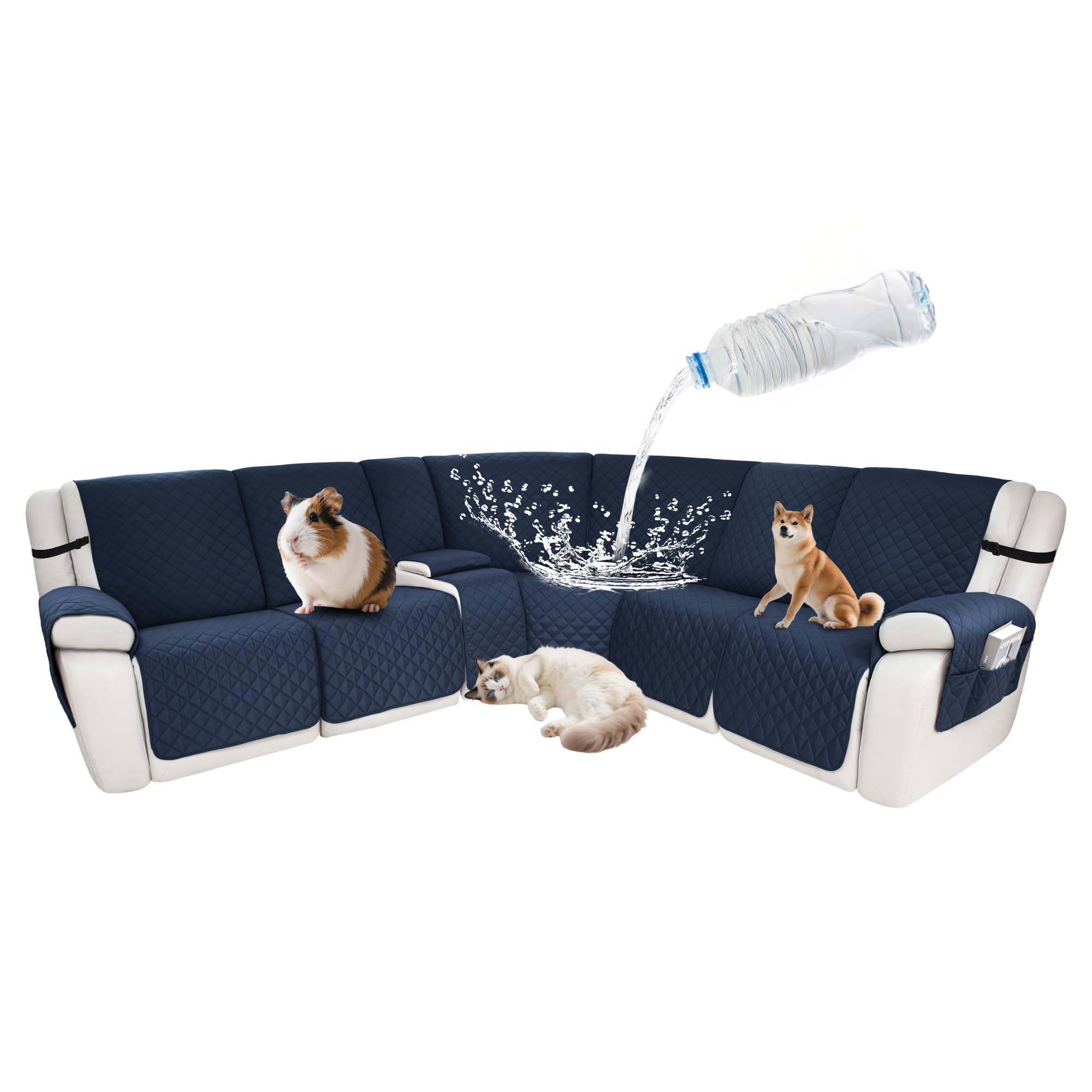 Waterproof Sectional Reclining Couch Covers L Shaped Recliner Sectional Sofa Cover 8 Piece Non Slip Washable Corner Recliner Slipcover Set for Pet Dog (5 Seater 1 Console Cover, Dark Navy)