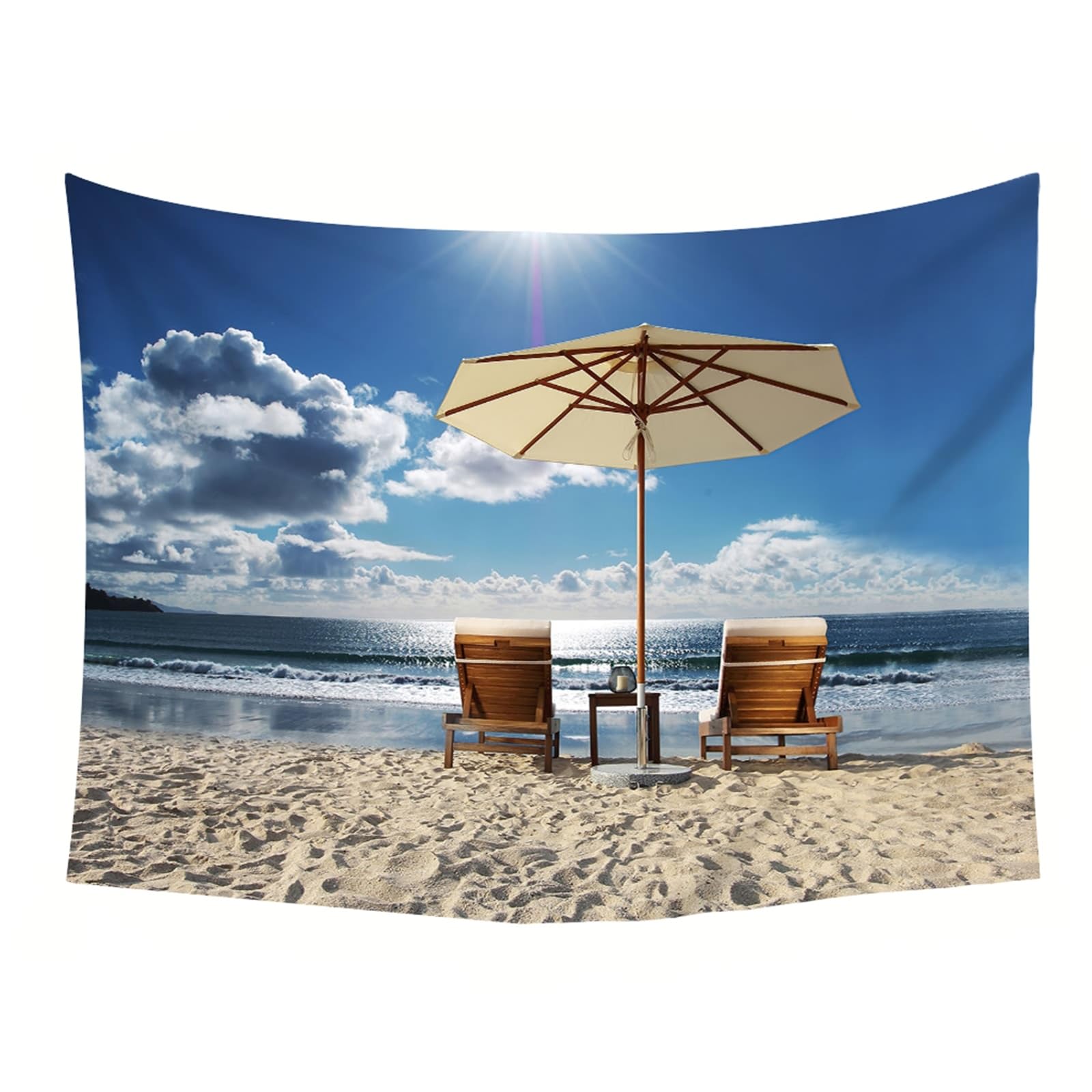 Lirzxin Telo Arazzo Parete, Arazzi da Parete Moderni Blu Beige Paesaggio di Sdraio da Spiaggia e Mare Tapestry Utilizzato in Camera da Letto, Soggiorno, Decorazione Murale, 260x240CM