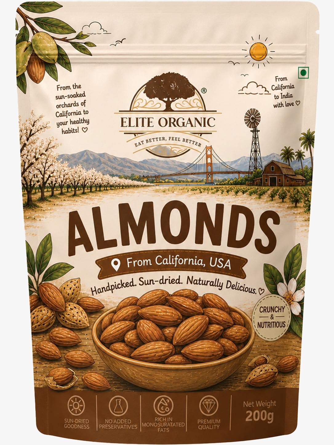 Elite Organic California Almonds, Sun-Dried Whole Almonds, Premium Quality, Crunchy & Nutritious, Ideal for Snacking, Baking & Cooking, 200g-image-49