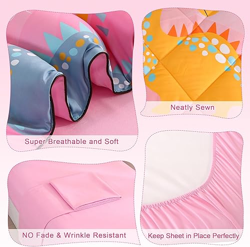 Miniatura 4 de Wowelife Juego de ropa de cama para niñas pequeñas, juego de ropa de cama prémium de 4 piezas de dinosaurio rosa, juego de edredón para niños