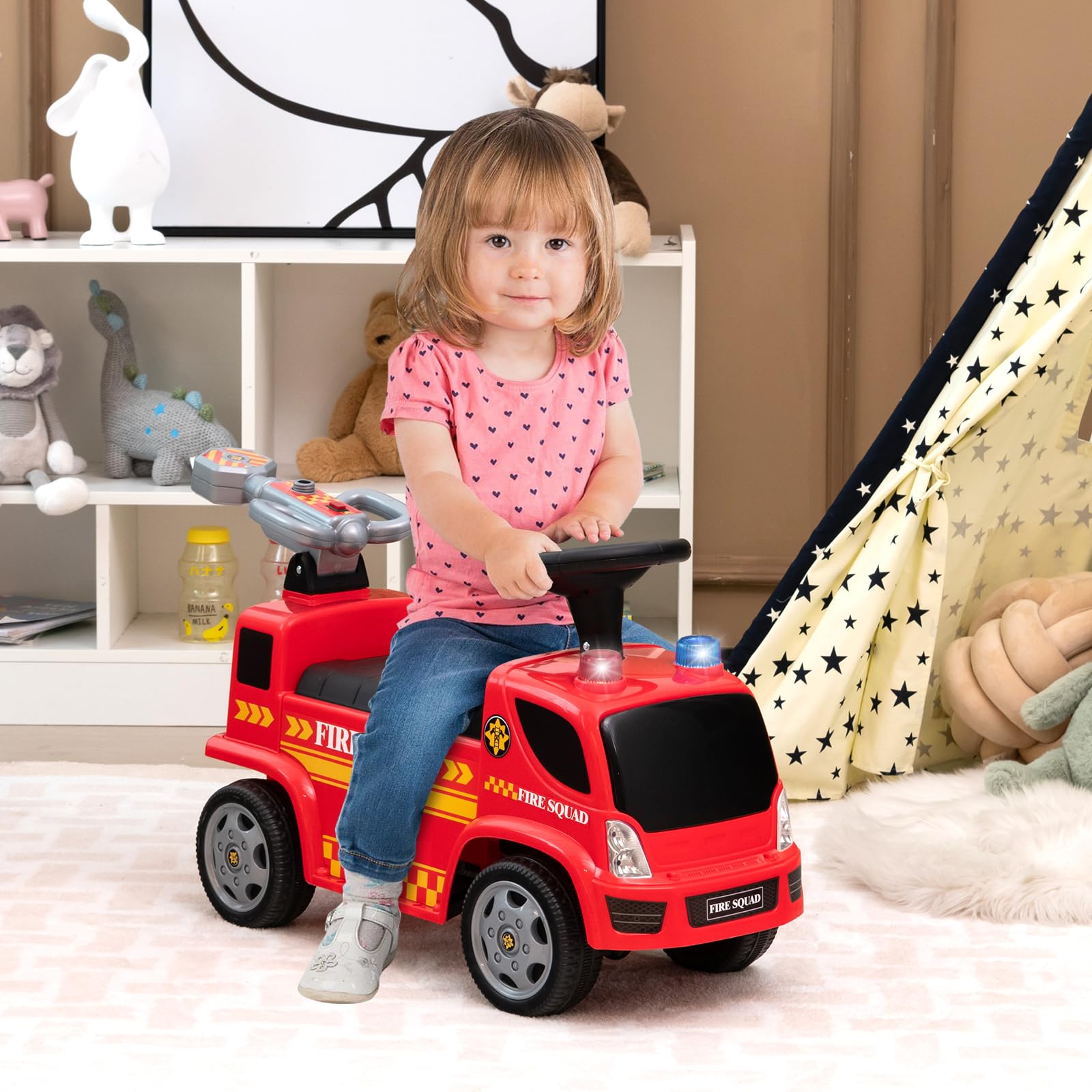 SOARS Rutschauto, Feuerwehrauto mit Seifenblasenpistole & Musik, Rutschfahrzeug mit Sirene & Warnleuchte, Kinderfahrzeug bis 20kg belastbar, für Kinder ab 1 Jahr (Stil B)