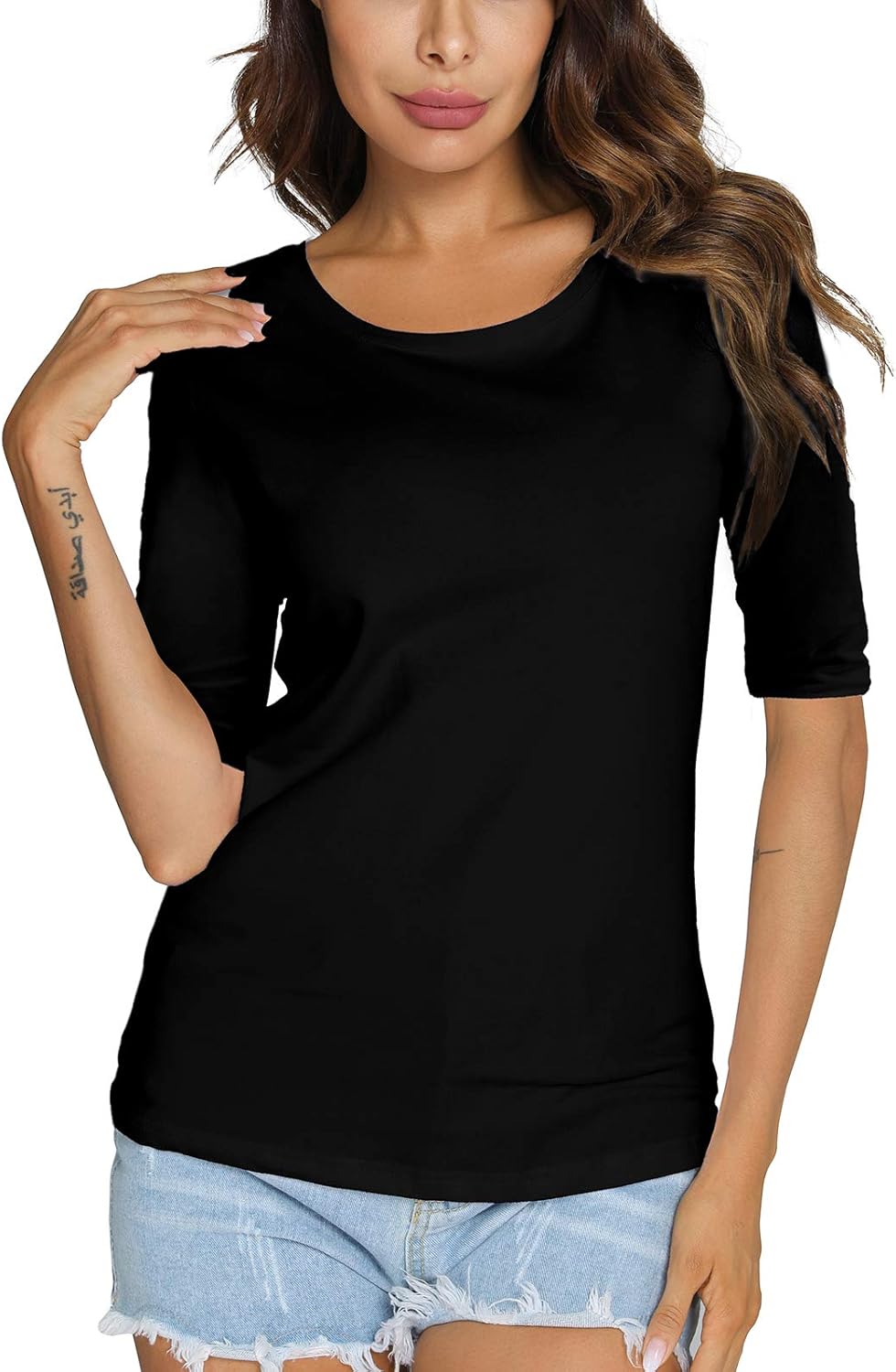 LOVFEE Women's Basic Round Neck Plain Half-Sleeve Tee Casual Fitted T Shirt - Image 3