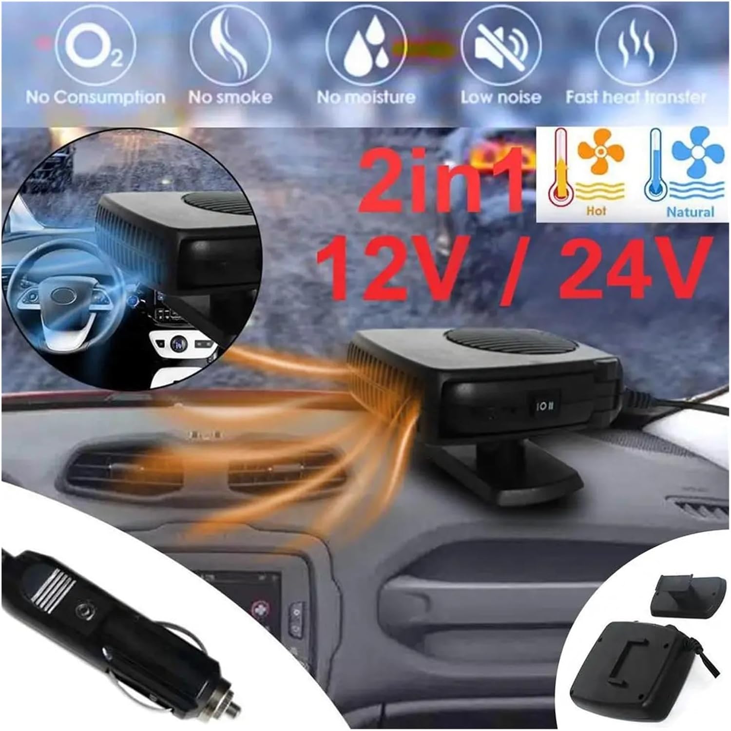 1 Pcs 150W Portable Car Handle Heater 12V/24V 2-IN-1 Smart Quick Heating Fans Auto Windshield Electr Defogging and Defroster(A-12V)