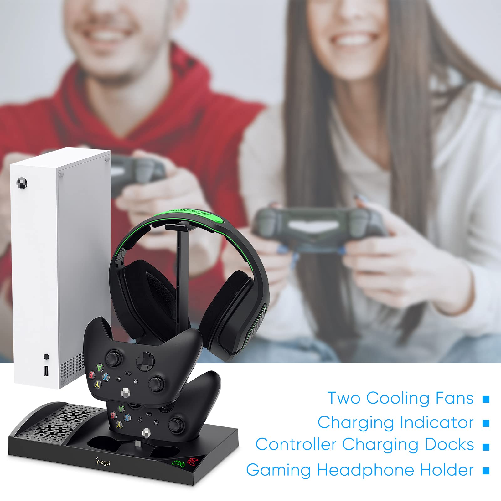 Supporto di raffreddamento compatibile con console Xbox Series S con stazione di ricarica per controller, doppia ventola di raffreddamento potente e dock di ricarica con 2 batterie ricaricabili da