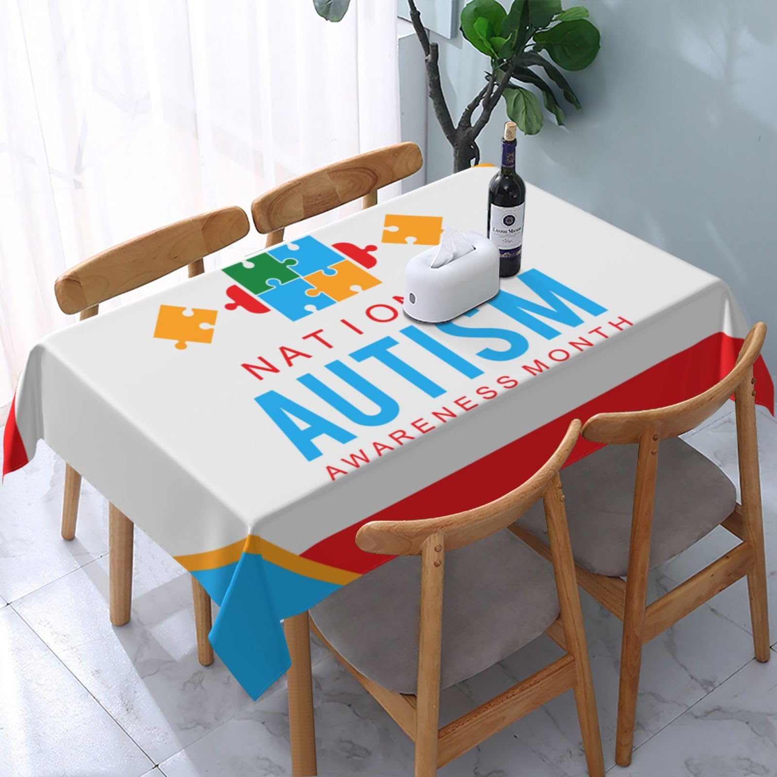 JunHeArt Autism Awareness Month Tablecloth Rectangle Table Cover Washable Table Cloths Decor For Kitchen 54" X 72"