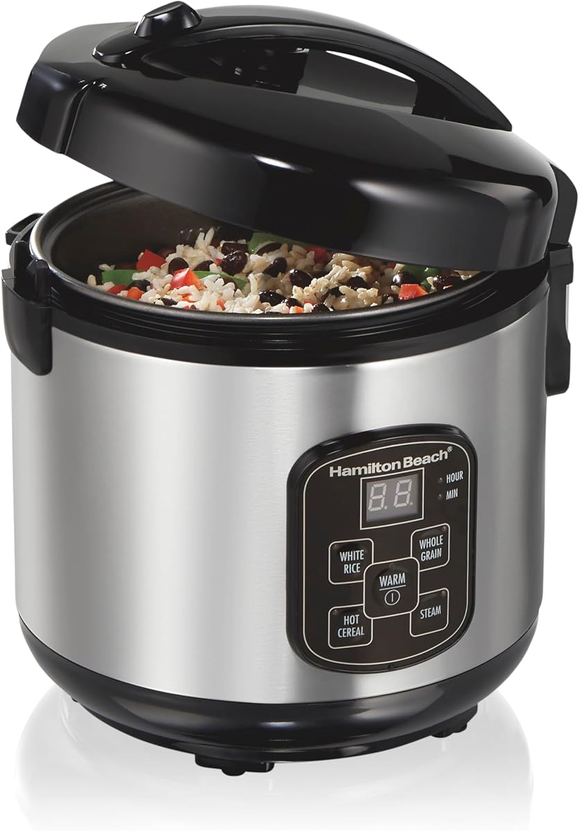 Arrozera y vaporera programable digital Hamilton Beach, 8 tazas cocidas (4 sin cocer), con cesta de vapor y enjuague, acero inoxidable (37518) | 8 tazas cocidas (4 sin cocer) | 4 ajustes de arroz | Olla antiadherente sin PFAS | Cesta de vapor | Acero inoxidable