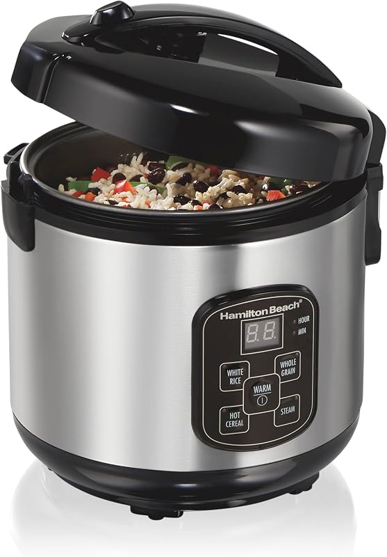 Arrozera y vaporera programable digital Hamilton Beach, 8 tazas cocidas (4 sin cocer), con cesta de vapor y enjuague, acero inoxidable (37518) | 8 tazas cocidas (4 sin cocer) | 4 ajustes de arroz | Olla antiadherente sin PFAS | Cesta de vapor | Acero inoxidable