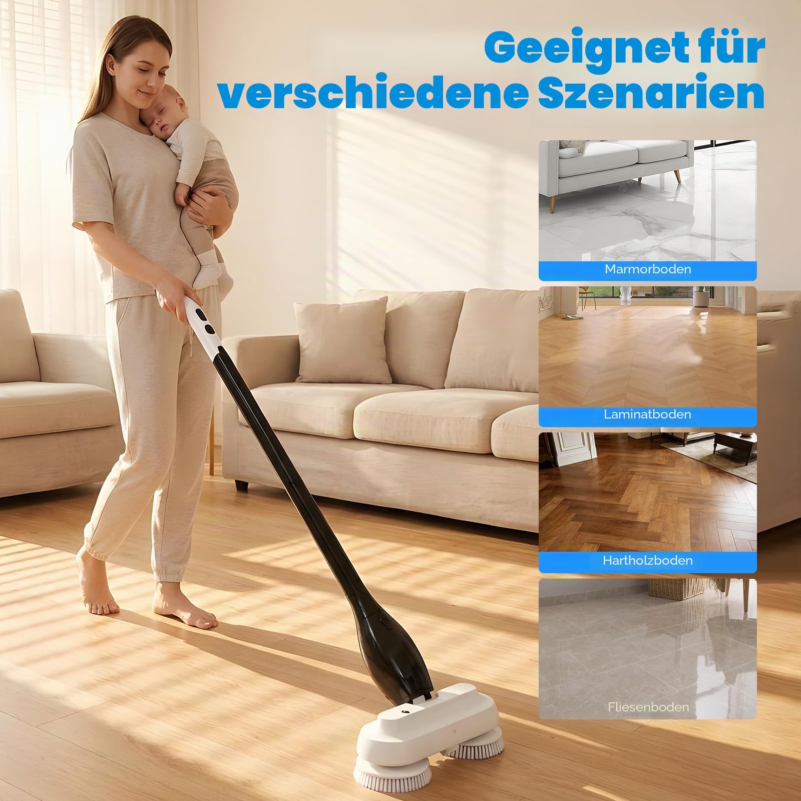 Elektrisch Wischer, Kabellos Wischmopp mit Sprühfunktion 800ml Wassertank 4000 mAh Akku Doppelbürsten Design Inklusive 2 Flachbürsten und 4 Wischtüchern Geeignet für alle Bodenarten