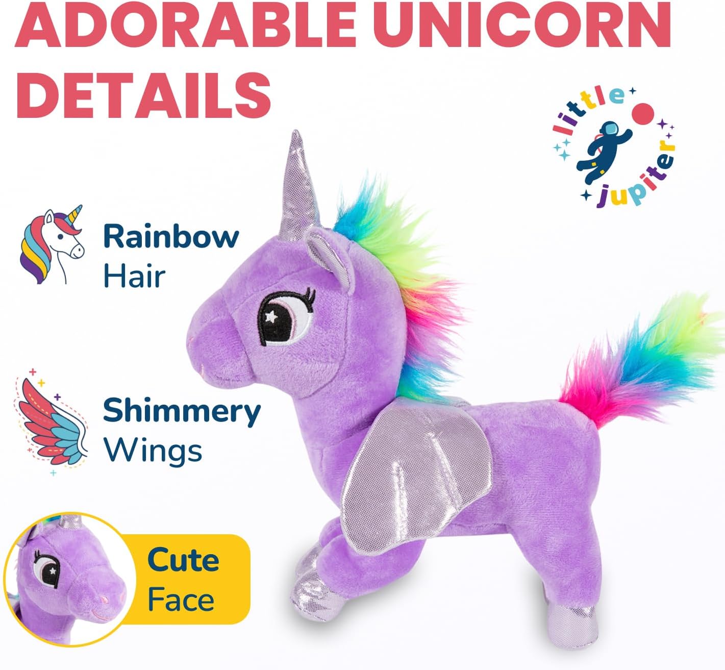 Little Jupiter Plush Pet Set - Unicorn Toys - Unicorns Gifts for Girls - Stuffed Animal for Kids - Unicorns - Plush Toy - w/Reversible Sequins & Charm (Purple Rainbow Unicorn) Age 4-5 - 6-7 yr