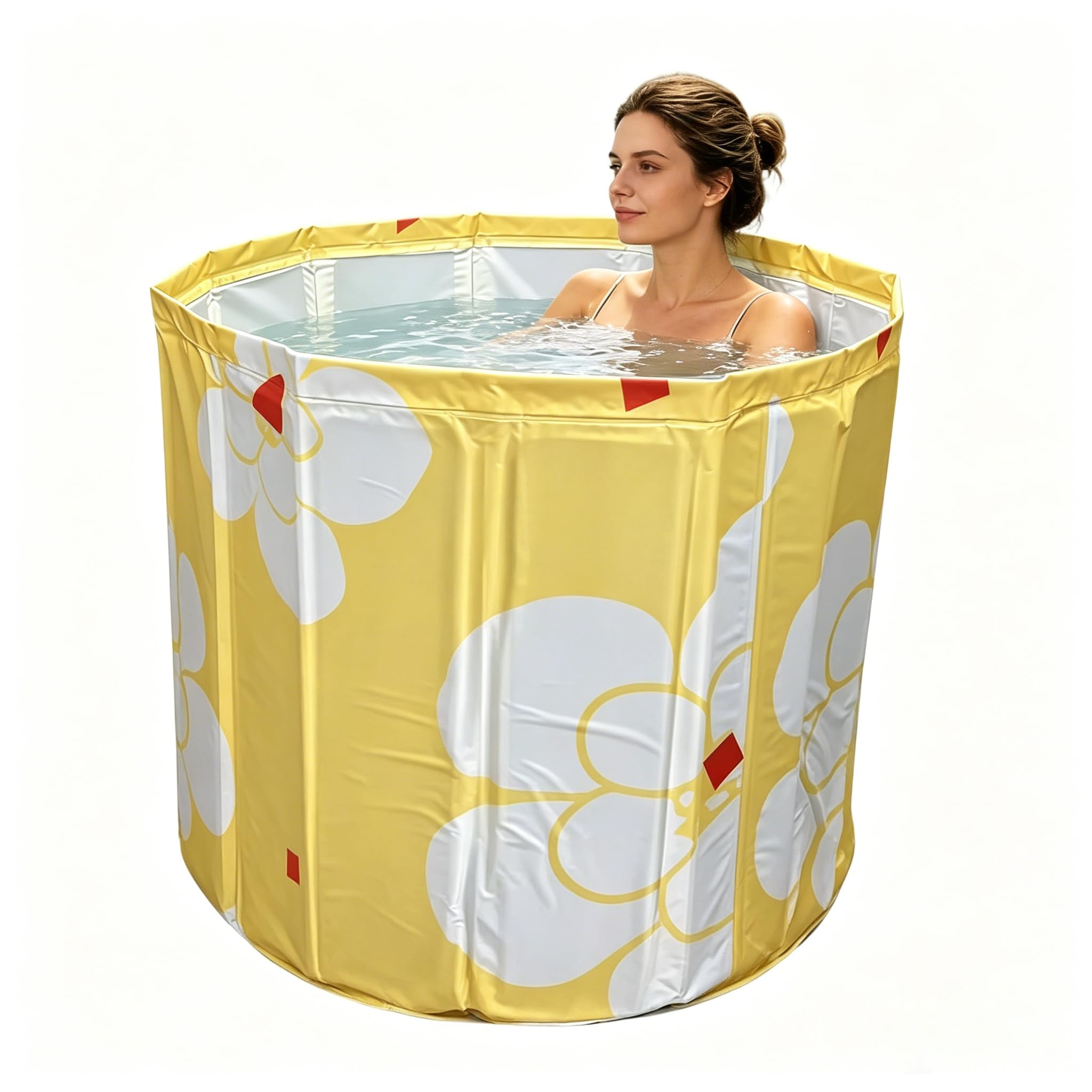 Bañera plegable de 70 × 65 cm para adultos – Bañera profunda portátil para agua caliente y fría con manguera de drenaje y cojín de asiento, ahorra espacio en la bañera plegable para baño