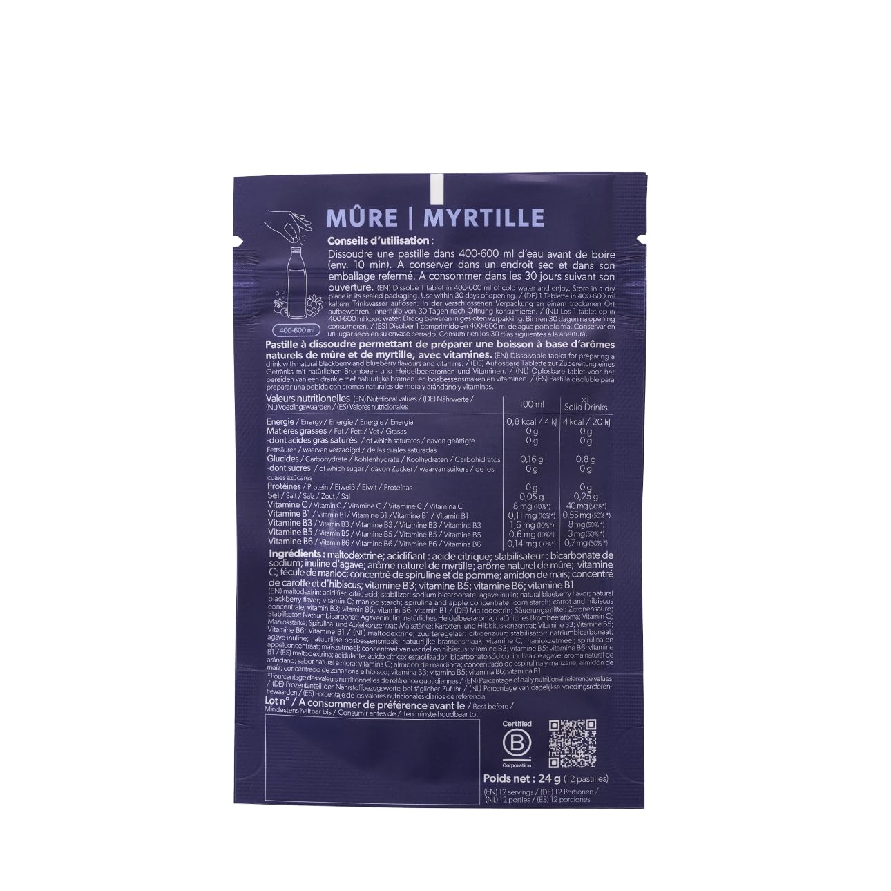 Qwetch – Solid Drinks – Moras y arándanos – Vitaminas C & B – 12 pastillas