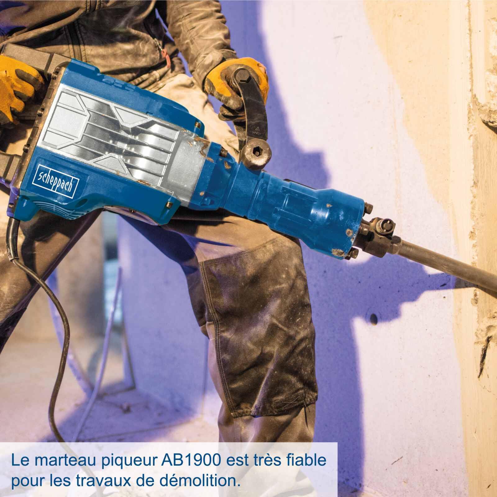 Scheppach Marteau de démolition AB1900 | Marteau perforateur | Marteau piqueur | 60 Joules | 1900W | 2000 coups/min | Burin pointu et burin plat 390mm | Coffret inclus
