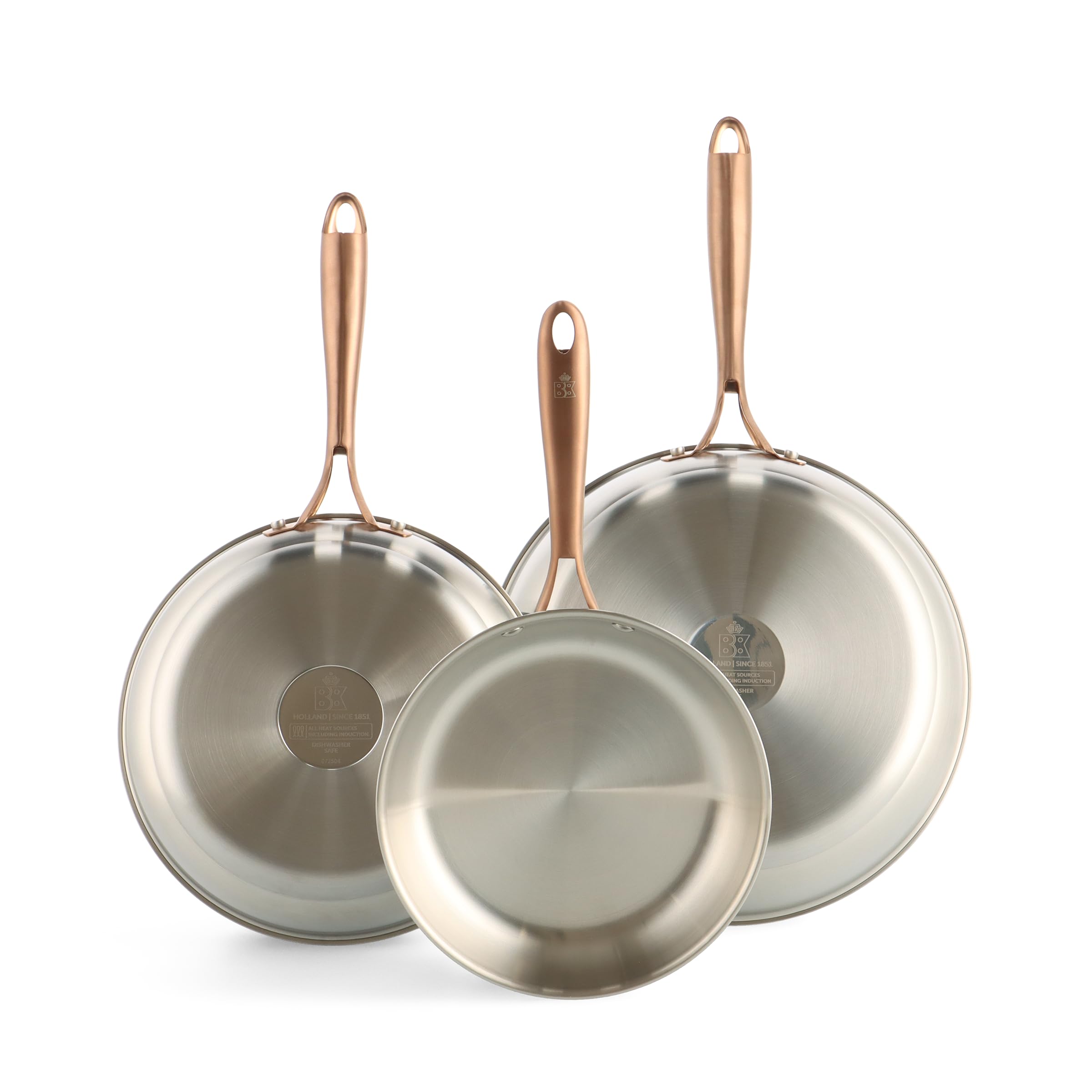 BK Rose - Juego de sartenes de acero inoxidable, 3 piezas, Ø20/24/28 cm, inducción, sin recubrimiento, apto para horno hasta 230 °C, apto para lavavajillas, acero inoxidable 18/10