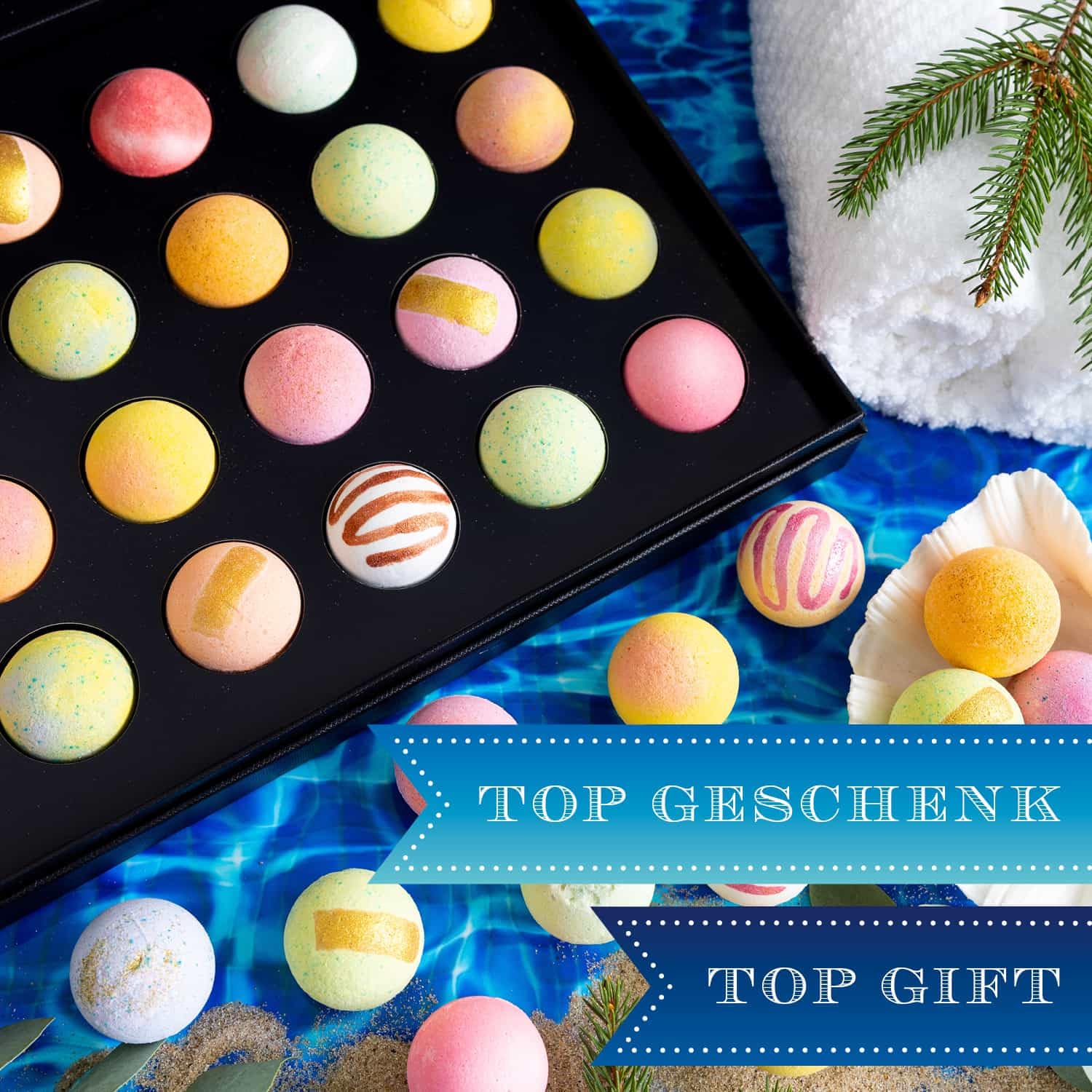 Hallingers Genuss Manufaktur Badebomben Weihnachts-Geschenk-Set - 24x Badekugeln Bath Bombs in edler Geschenkbox, Frauen Badeperlen-Wellness & Spa "Schöne Weihnachten", Weihnachten für Frauen Männer