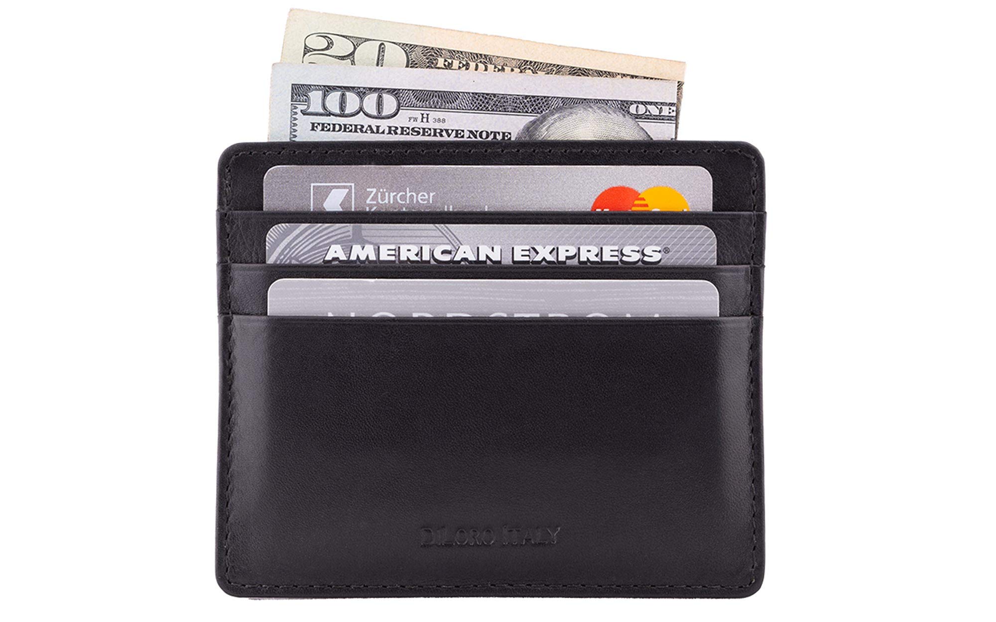 DiLoro Ultra Slim Minimalist Mens Leather Travel Card Wallet RFID Blocking (Black Nappa)