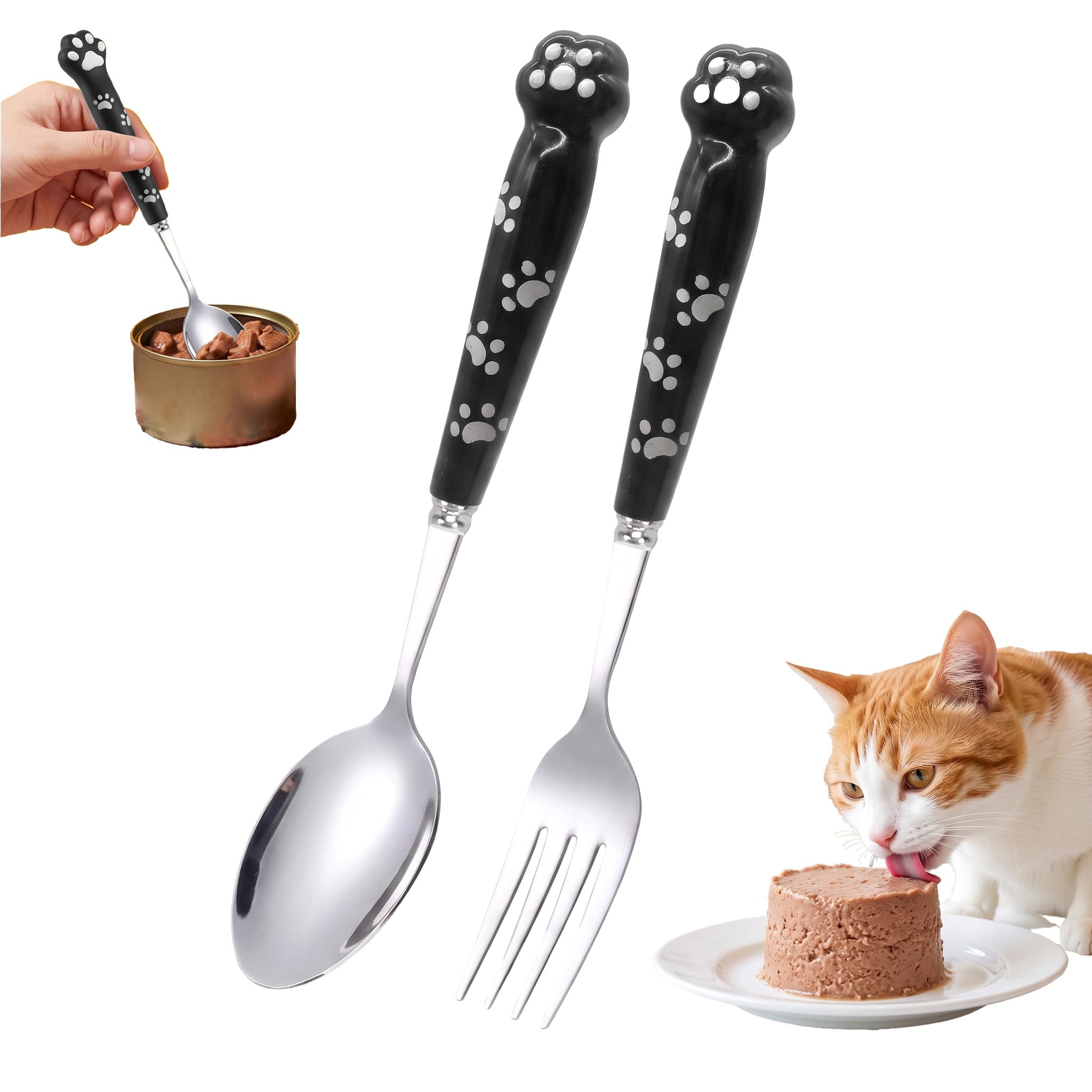 Pet Food Spoon,Cat Claw Spoon Fork,Paw Cat Can Spoons,Stainless Steel Pet Food Mixing Spoons,Long Handle Cute Feeding Tableware,Outdoor Convenient Fork&Spoon for Wet Dry Dogs Cats Foods Kitchen Tools