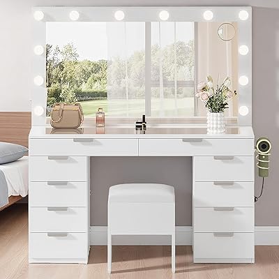 YITAHOME 46" Glass Top Vanity Desk with LED Mirror, 11 LED Bulbs, 3 Adjustable Lighting Modes, 10-Drawer Makeup Vanity with PU Storage Stool, Dressing Table Built-in USB & AC Outlets