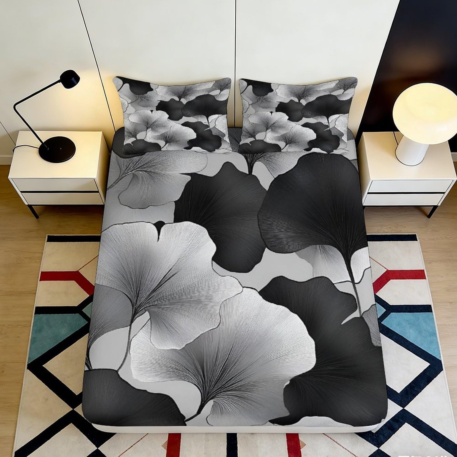 3D Printed Black and White Ginkgo Leaf Fitted Sheet Microfiber Soft Breathable Floral Mattress Cover for Bedroom Dormitory Guest Room Protection Decor 180x200x25cm