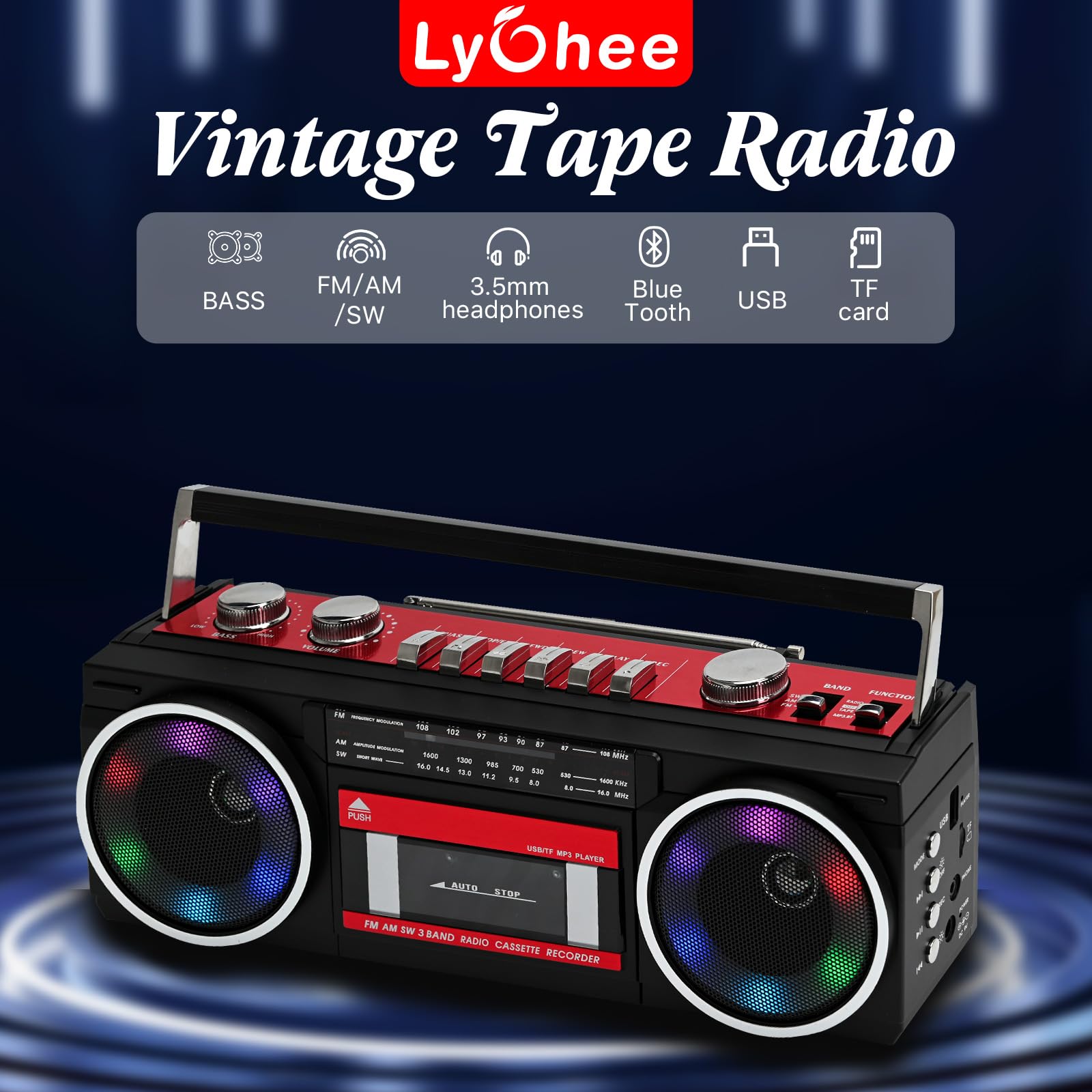 Tragbare Kassettenspieler Boombox AM/FM/SW Radio Stereo, CasetteTape Player Recorder, MP3 Bluetooth USB RGB Lichter TF Karte (Rot)
