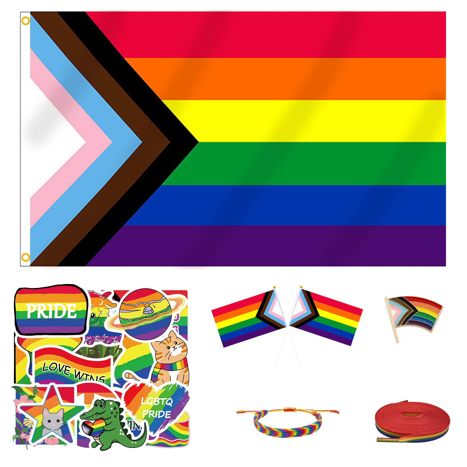 MEPLUM 3x5 FT Rainbow Progress Pride Flag Bundle for LGBTQ+ Accessories Present Celebration Parades Home Decor Party Supplies Festivals