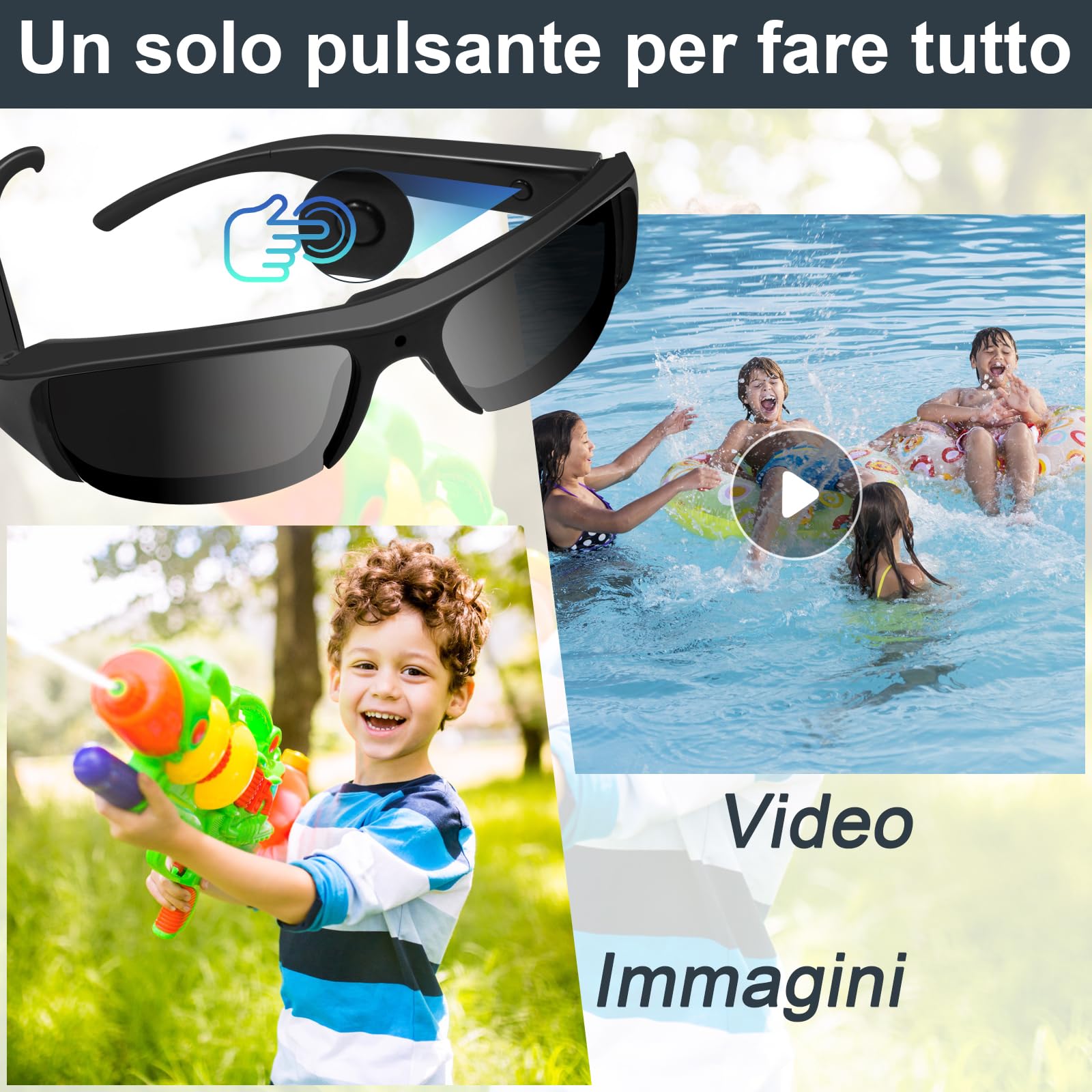 Telecamera Spia Occhiali HD 1080P, Occhiali da Sole con Fotocamera Integrata, Videocamera spia mini esterno registrazione in loop FPV Action Camera per attività all'aperto, 2 ore