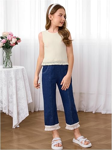 OYOANGLE Girl's 2 Pieces Outfits Solid Lace Tank Top and Denim Straight Leg Pants Sets(Beige and Blue,8 Years)