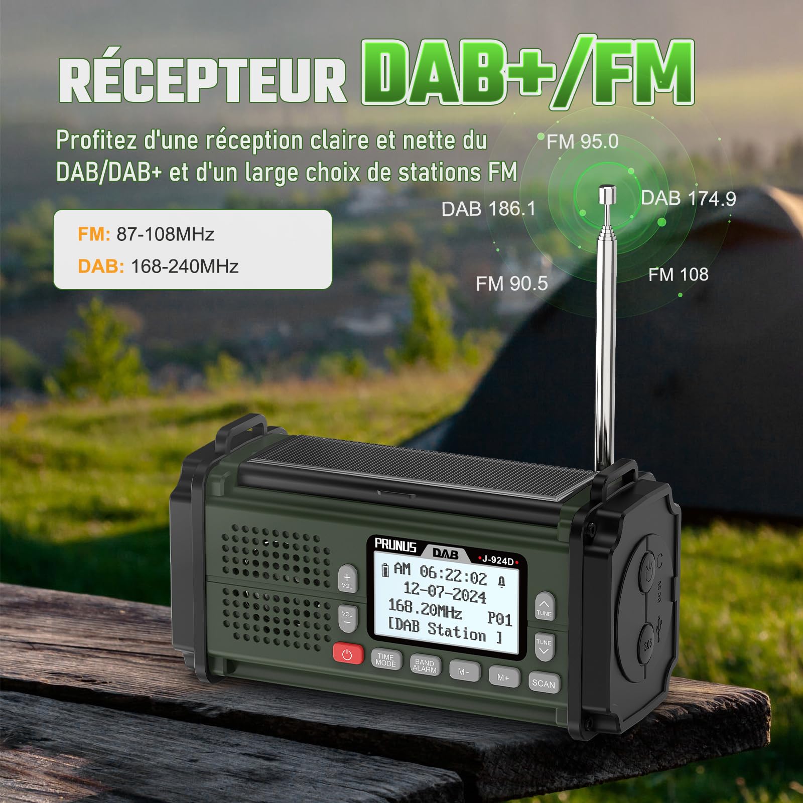 Radio Dab+/FM Portable, Prunus J-924 Solaire Dynamo 10000mAh, Radio Survie avec Piles et Manivelle, Panneau Solaire, Réveil, Chargeur USB-C, Lampe de Poche et Lecture, Alarme SOS d'urgence
