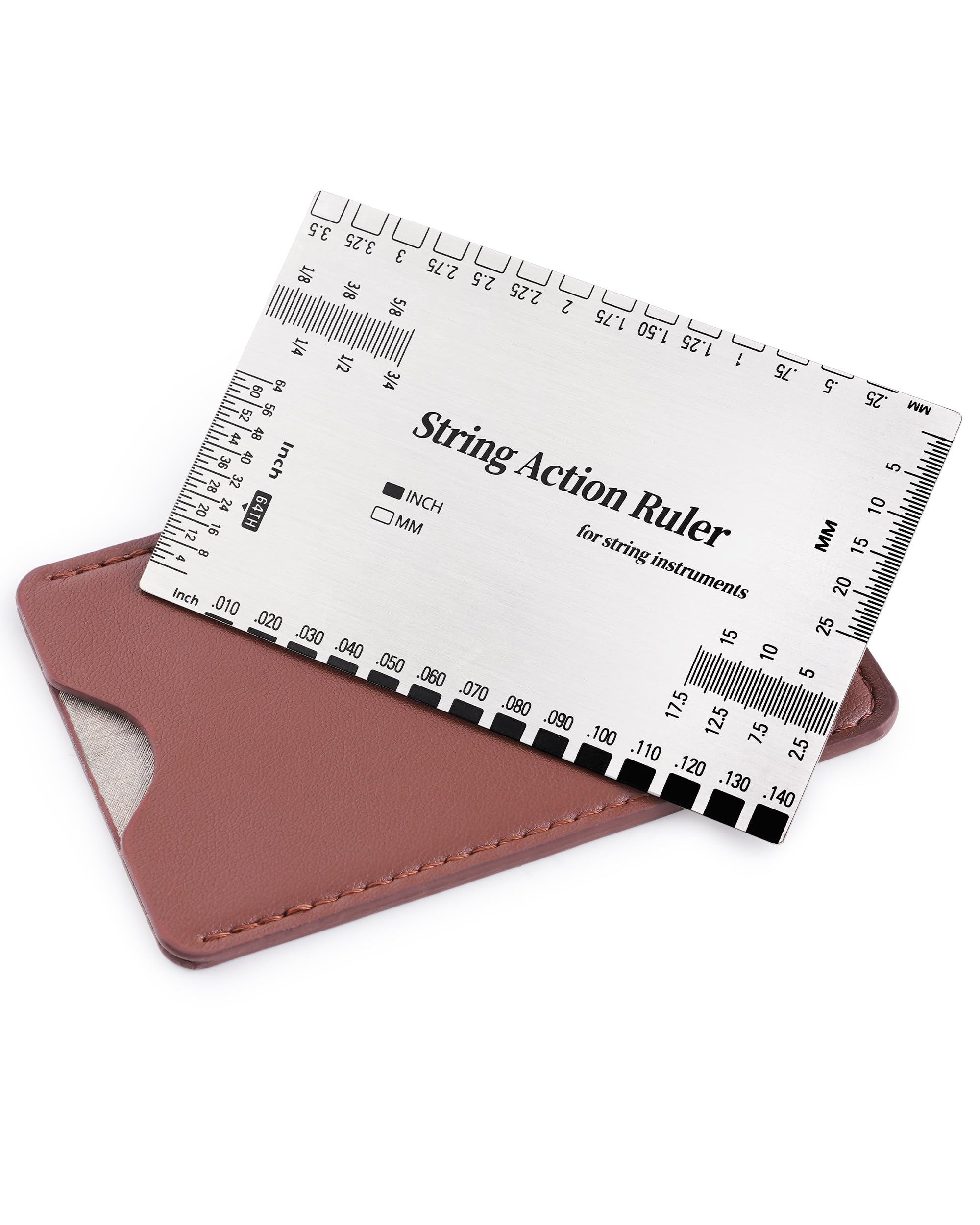 String Action Gauge Ruler, Professional Guitar Setup Tool with Dual mm &amp; 1/64" Scales - for Electric, Acoustic, Bass Guitars - Includes Measurement Chart &amp; Protective Sleeve - Print Silver Edition