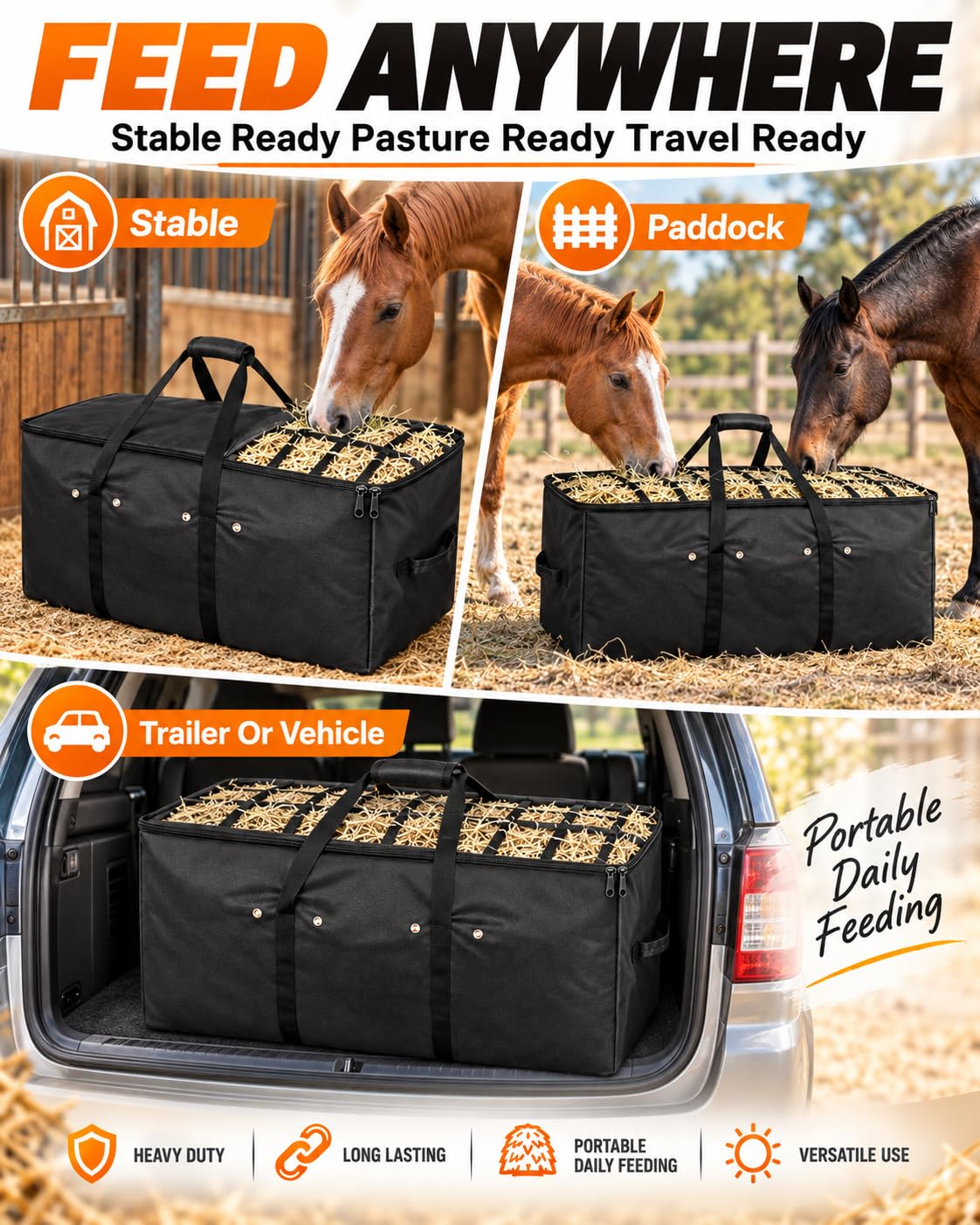 Borsa Fieno per Cavalli Mangiatoia Slow Feed Rete Grande capacità Resistente Sospesa Portatile Carico Superiore Cinghie Regolabili Ganci Capre Asini Stalla Rimorchio Fattoria,Nero,3pcs