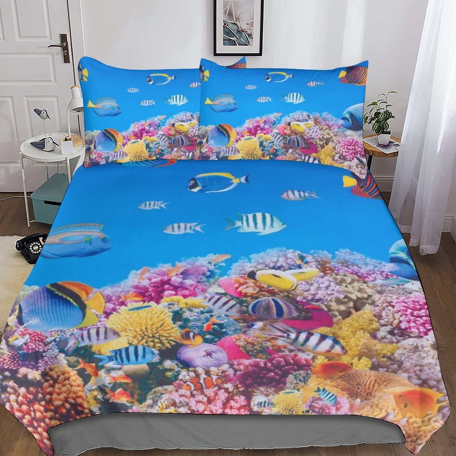 INDYAH Sea Bedding Set Duvet Cover Soft Microfiber Animal Fish Quilt Cover with 3D Print Design for Kids Teenagers Adult 3 Piece Set with Zipper Closure Double（200x200cm）