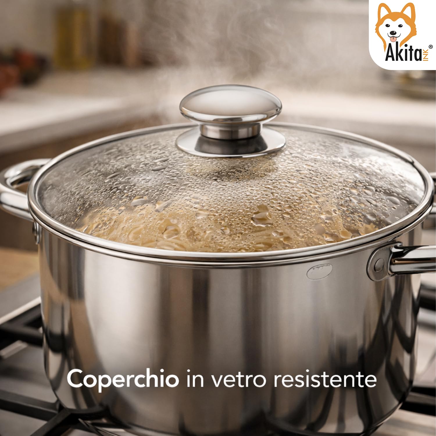 AKITAInk Bollipasta Duna 24 cm in Acciaio Inox con 2 Cestelli e Coperchio in Vetro Temperato, Pentola per Pasta con Scolapasta Integrato, Resistente e Pratica
