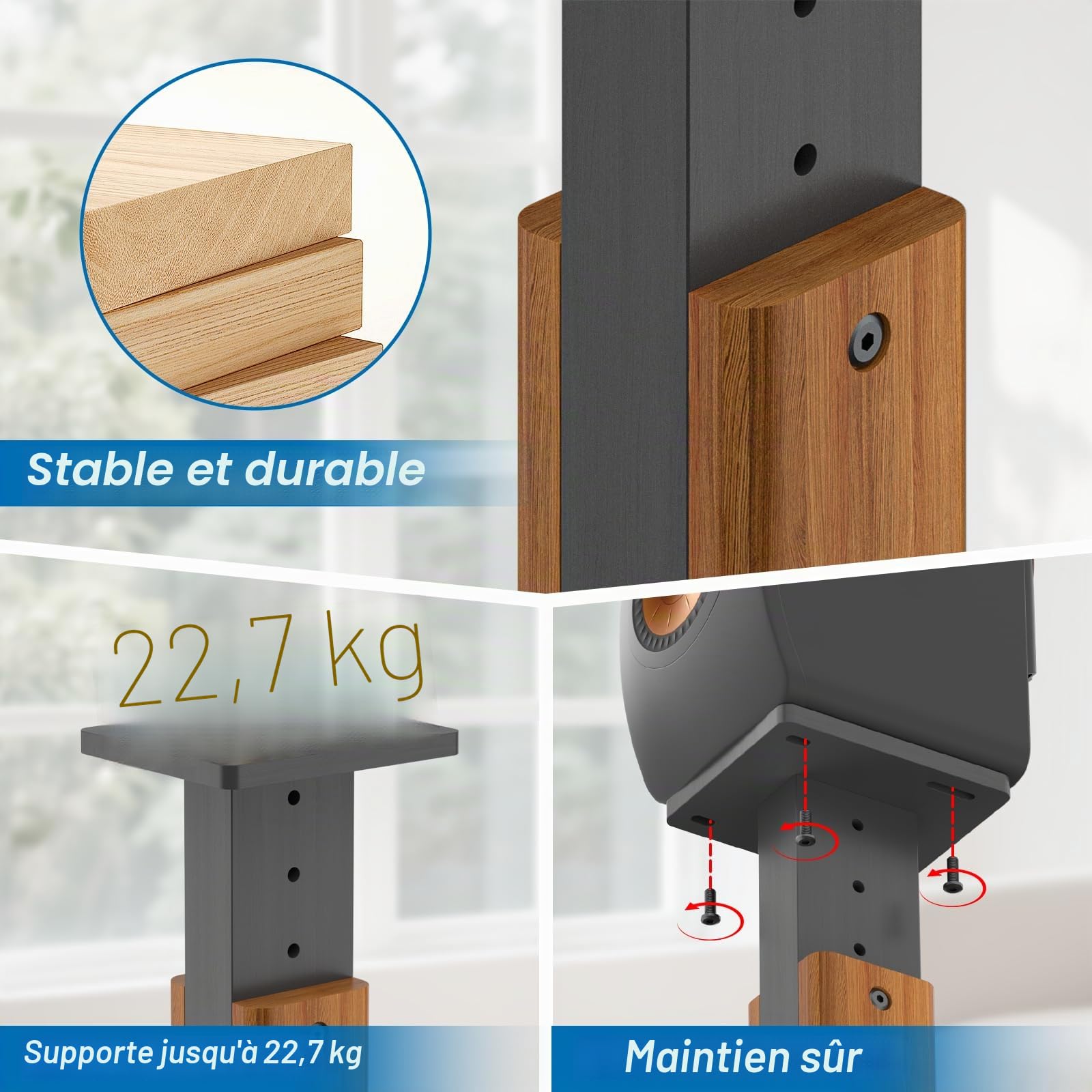 Paire de Supports d'enceintes réglables en Hauteur pour KEF LS50 Meta - Socle de Sol renforcé Finition Bois pour KEF LS50 Meta et LS50 Wireless II - Capacité de Charge : 22,7 kg (50 lbs)