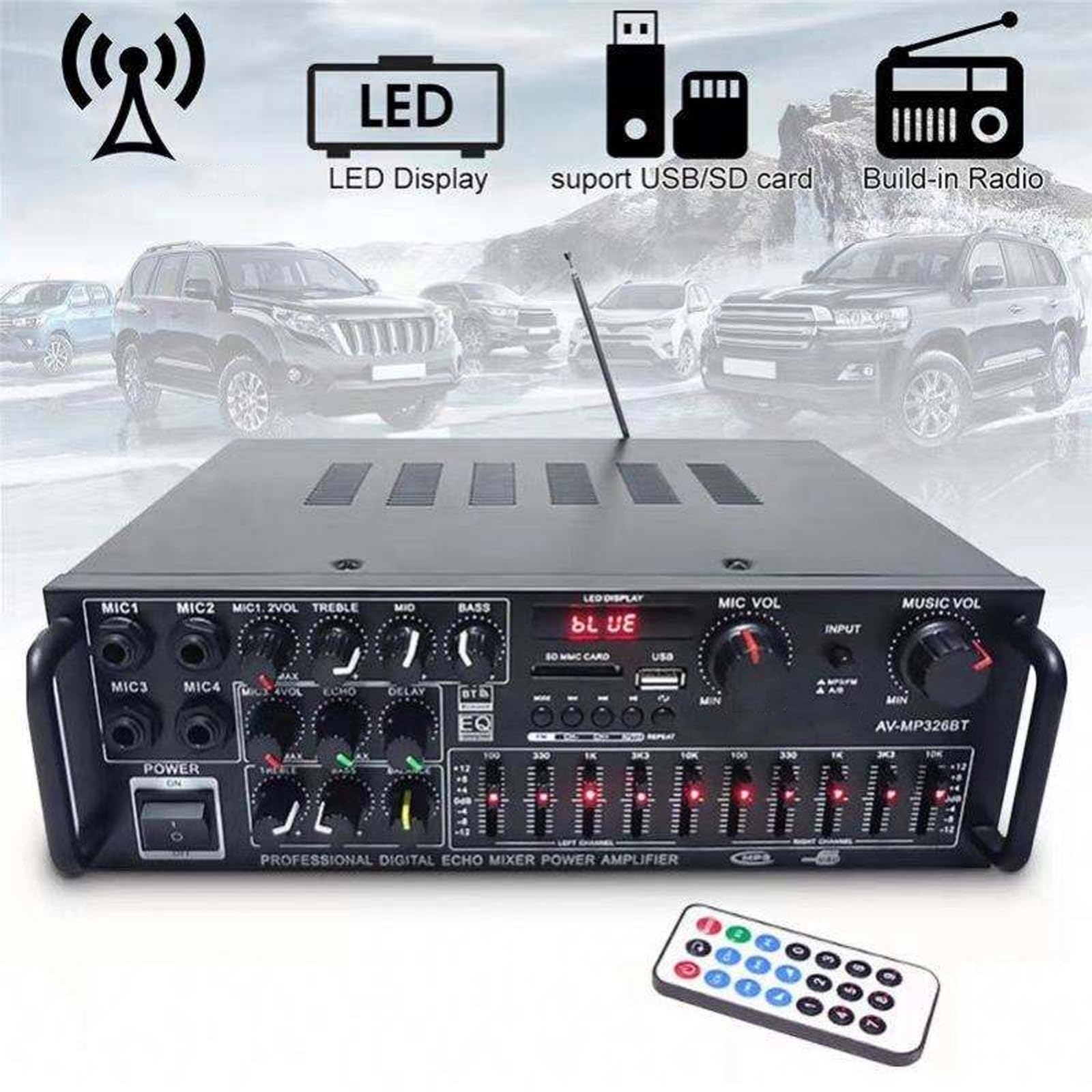 Amplificatore Audio Stereo, Ricevitore Equalizzatore con Telecomando e USB e 4 ingressi Microfono, Doppia Regolazione Equalizzatore a 5 Bande, per Home Theater, Audio per Auto, Karaoke, Feste