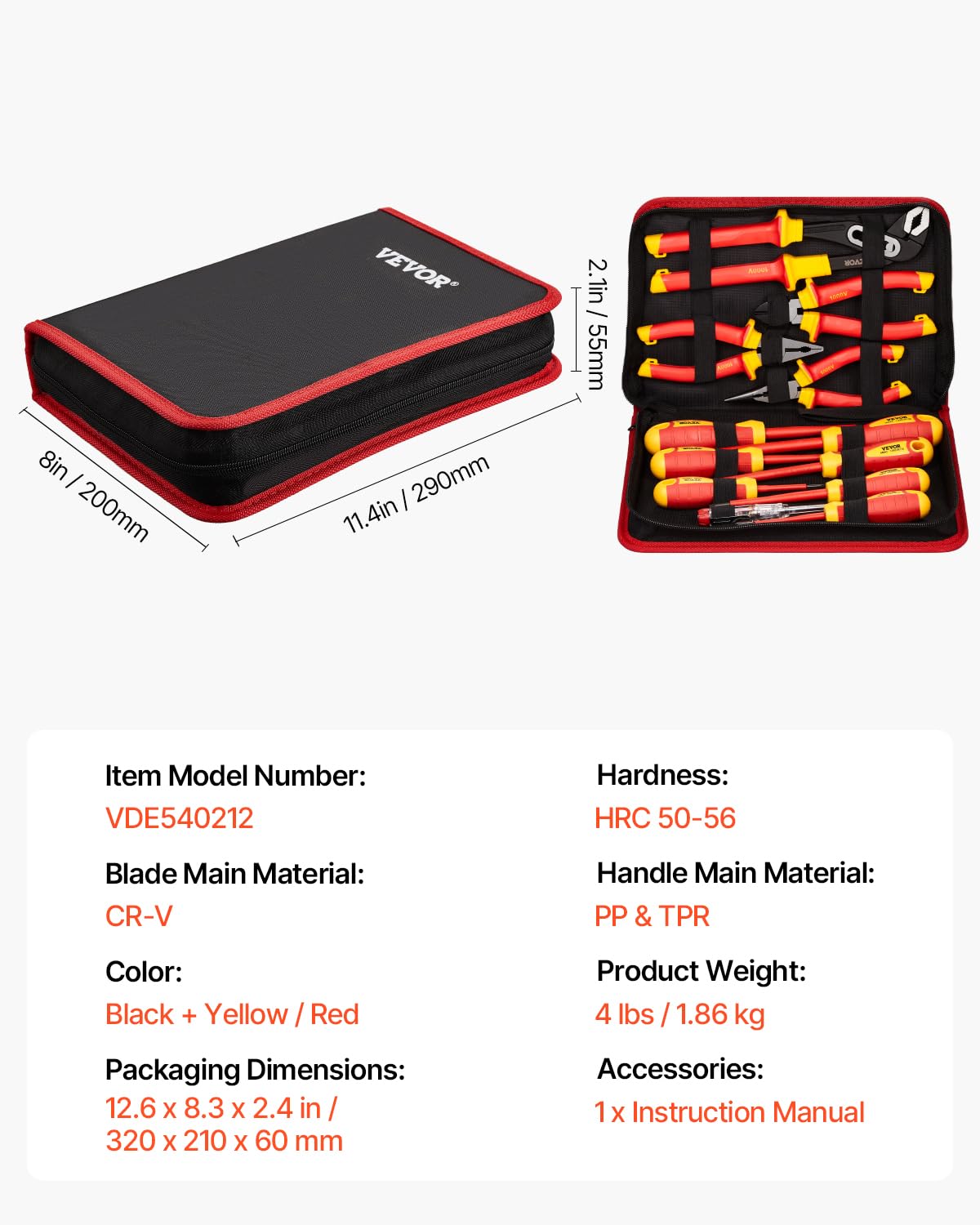 VEVOR Juego de Destornilladores Aislados, 12 PCS Kit de Destornilladores Eléctricos Profesionales con Puntas Ranuradas Phillips Magnéticas, Alicates Aislados y Alicates Diagonales para Electricistas