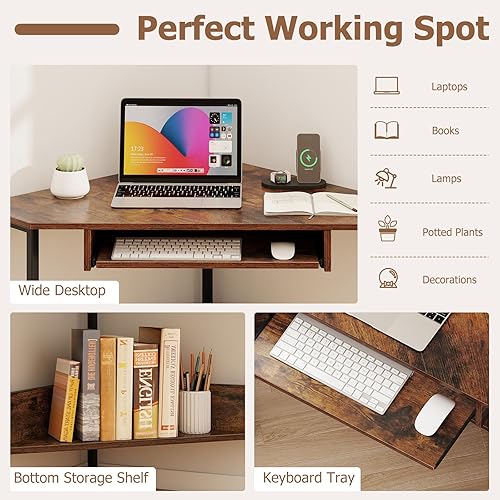 Miniatura 23 de Escritorio esquinero industrial, escritorio de computadora con toma de corriente, estantes de almacenamiento y marco de metal, escritorio de madera
