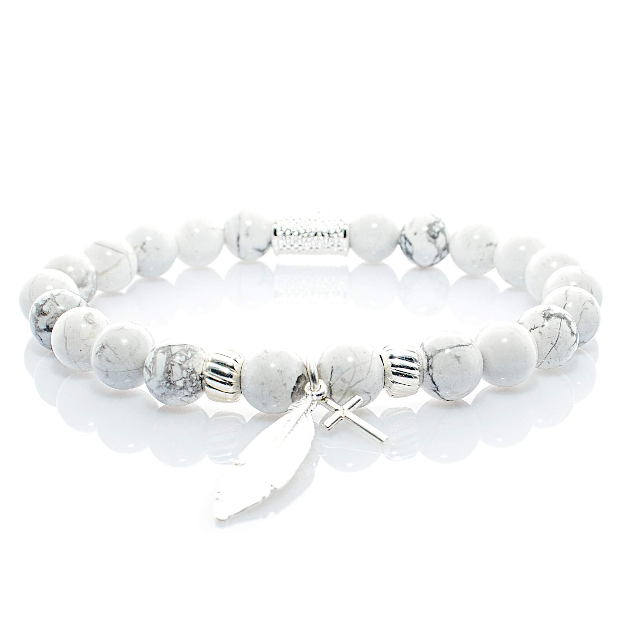 Bracciale Howlite in argento sterling 925 Bracciale con perline Ciondolo Piuma Croce 8 mm (Piuma e croce)