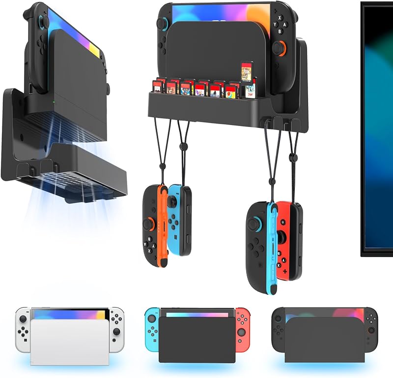 Kosker Switch 2/1 Wall Mount Kit for Switch 2/ OLED/Original Versions, Shelf Wall Holder Stand with Joycons Strap Hanger & 14 Game Slots Rack for S Witch TV Dock Console, Display Bracket Behind TV