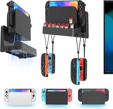 Kosker Switch 2/1 Wall Mount Kit for Switch 2/ OLED/Original Versions, Shelf Wall Holder Stand with Joycons Strap Hanger & 14 Game Slots Rack for S Witch TV Dock Console, Display Bracket Behind TV