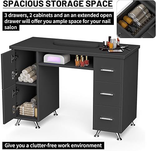 Miniatura 6 de DeerDean Manicure Table Nail Desk with Drawers & Wrist Cushion Nail Table Station for Nail Tech Professional Nail Art Table Beauty Spa Salon (Black